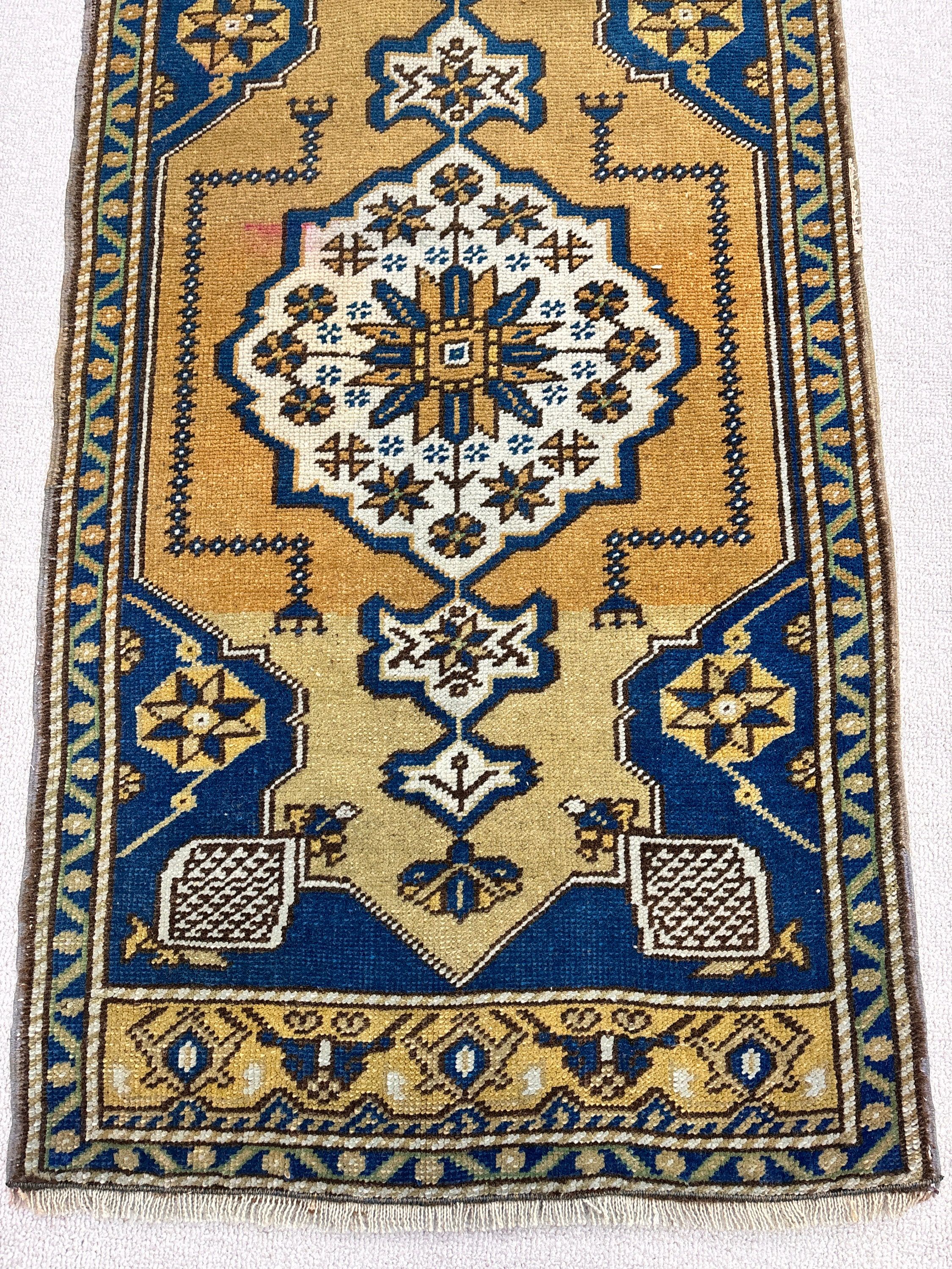 Küçük Boho Halı, Vintage Halılar, Giriş Halıları, Sarı Soğuk Halı, Yün Halılar, Mutfak Halısı, Türk Halıları, Banyo Halıları, 1,9x3,7 ft Küçük Halı