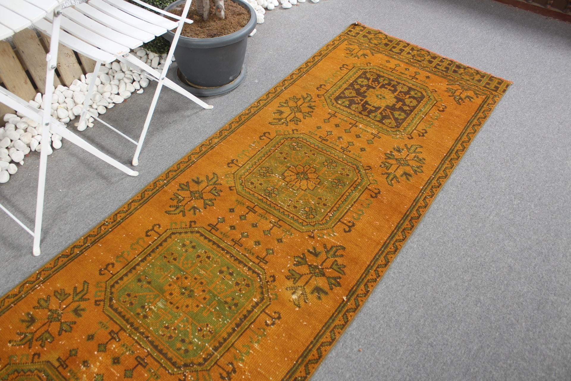 Türk Halıları, Vintage Halı, Turuncu 2.9x11.1 ft Runner Halısı, Aztek Halısı, Koridor Halısı, Merdiven Halıları, Yer Halısı, Ev Dekor Halısı