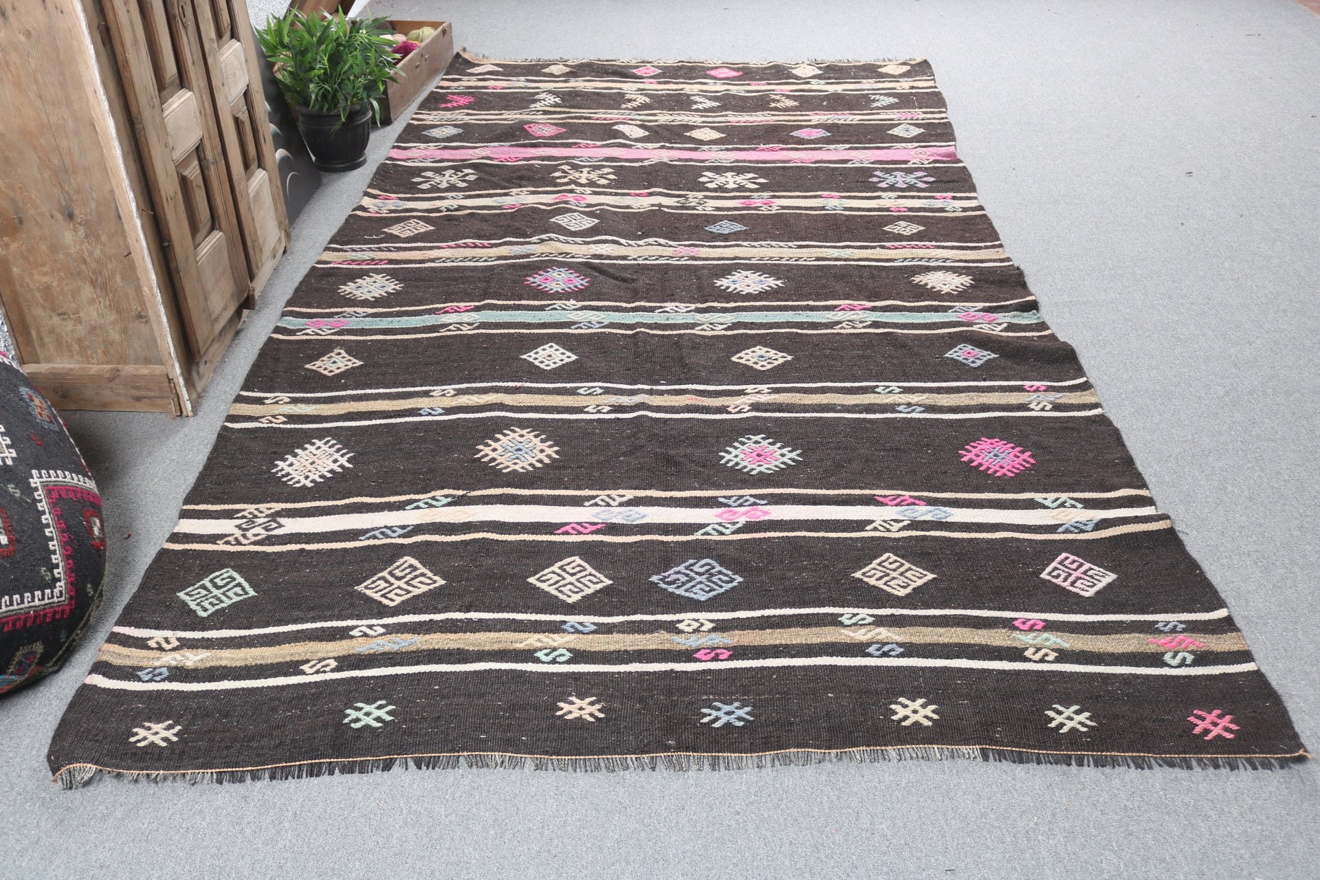 Türk Halıları, Vintage Halı, Düz Dokuma Halı, Büyük Oushak Halı, Siyah Yün Halılar, Kilim, Nötr Halı, Büyük Vintage Halı, 6.1x10.9 ft Büyük Halılar