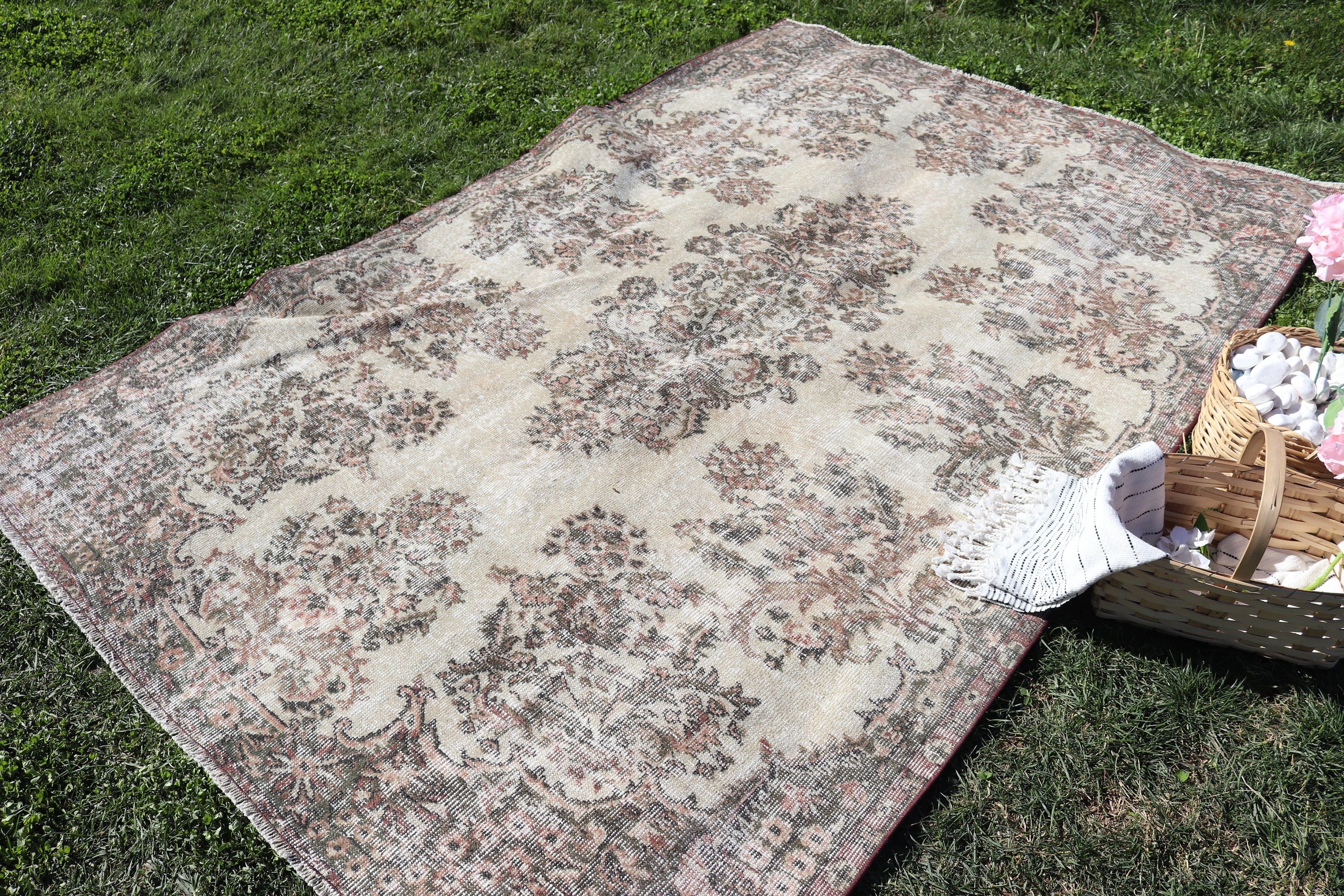 Kitchen Rugs, Turkish Rug, Beige Wool Rugs, Ethnic Rugs, Vintage Rugs, Bedroom Rug, 5.5x8.7 ft Large Rug, Large Oushak Rugs