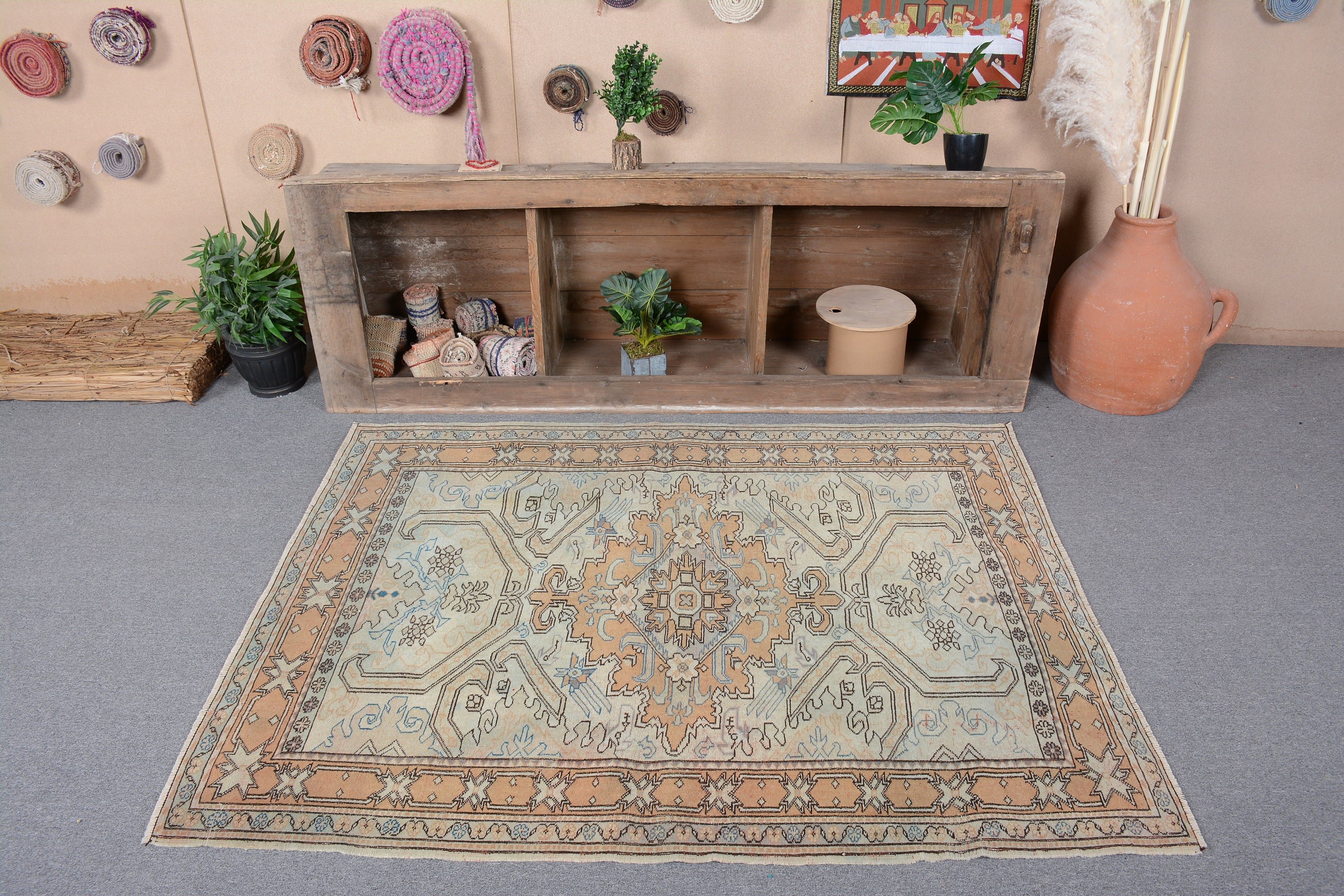 Oriental Rug, Vintage Rugs, Oushak Rug, Rugs for Bedroom, 4.2x5.6 ft Accent Rug, Bedroom Rug, Kitchen Rugs, Turkish Rug, Vintage Decor Rug