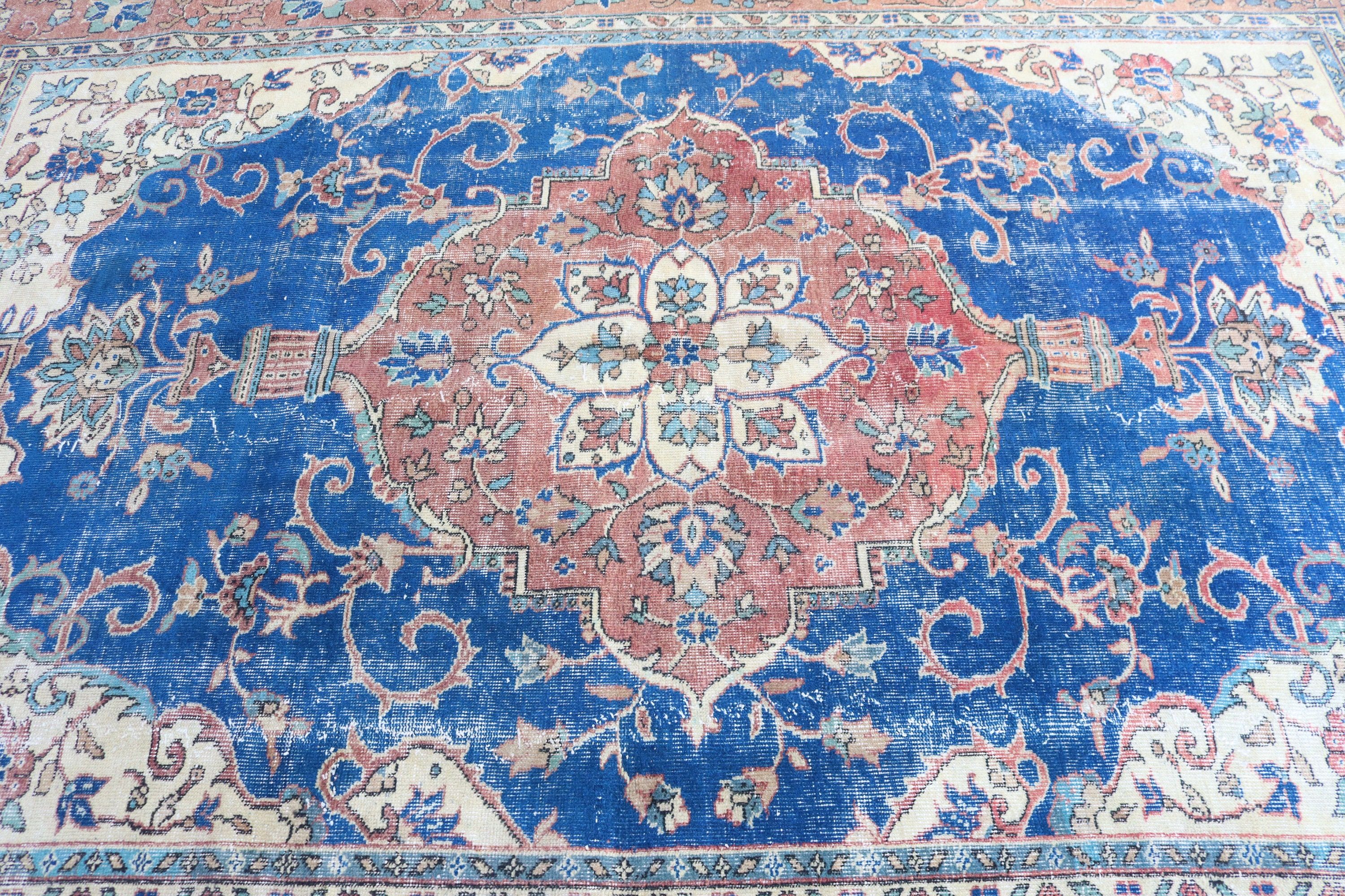 Büyük Vintage Halı, 6.8x9.8 ft Büyük Halılar, Büyük Boho Halı, Vintage Halı, Düz Dokuma Halı, Türk Halıları, Mavi Nötr Halılar