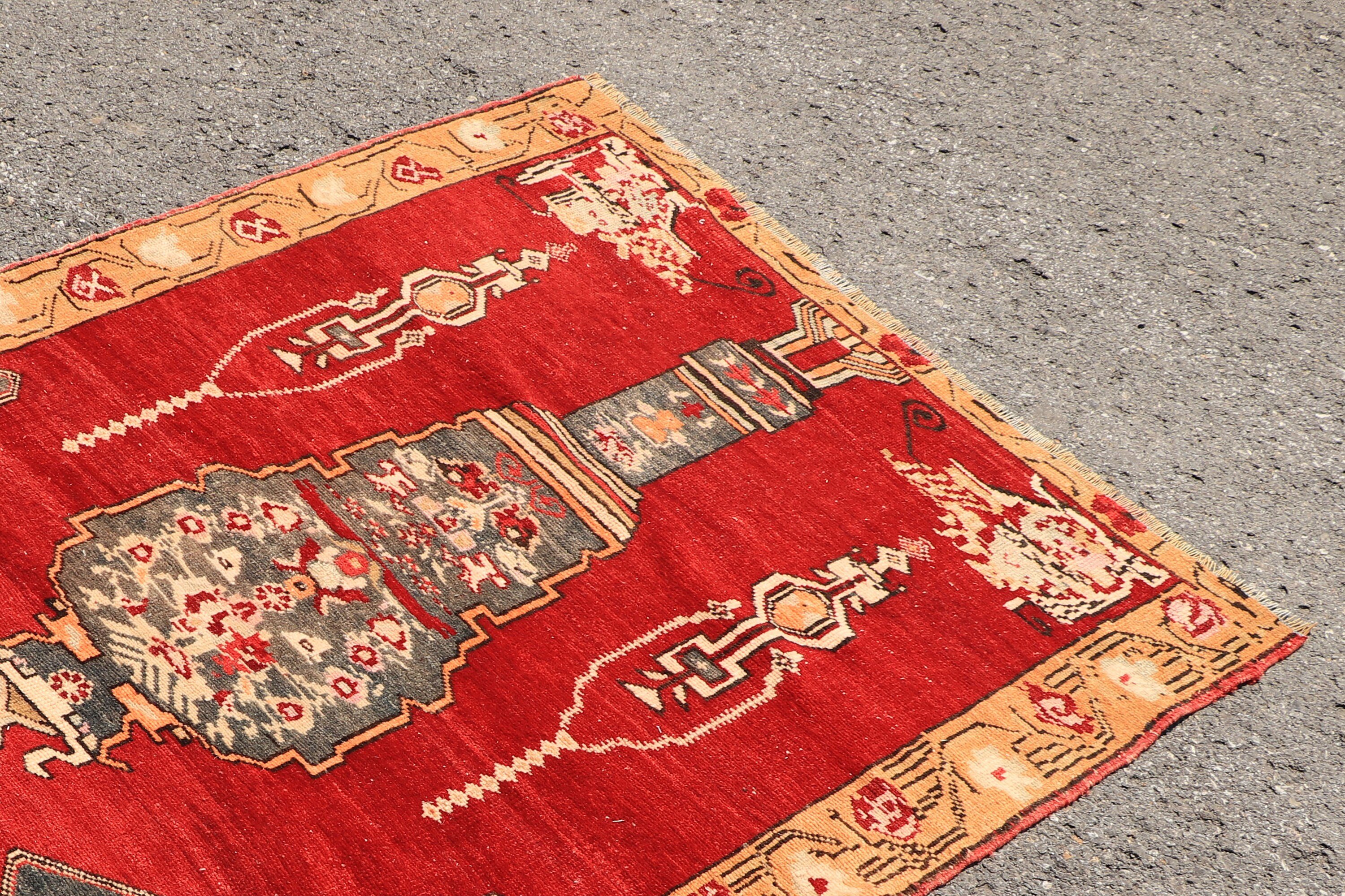 Bedroom Rug, Turkish Rugs, 3.7x4.6 ft Accent Rug, Kitchen Rug, Rugs for Kitchen, Vintage Rug, Nursery Rug, Red Antique Rug