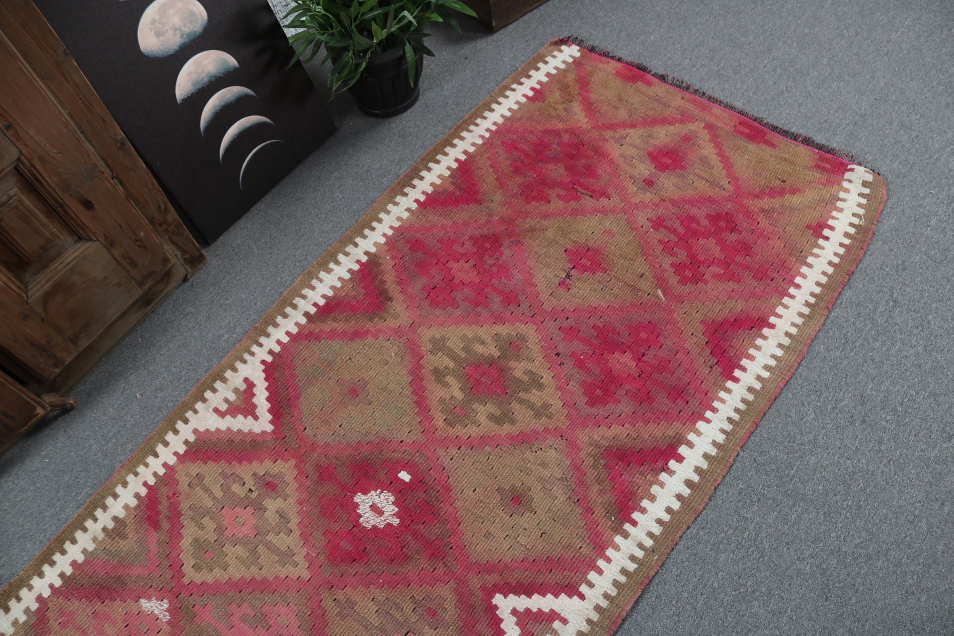 Aztek Halıları, Bildiri Halısı, Türk Halısı, Vintage Halılar, 2,9x7,5 ft Runner Halısı, Beni Ourain Runner Halısı, Pembe Geometrik Halı, Geometrik Halılar