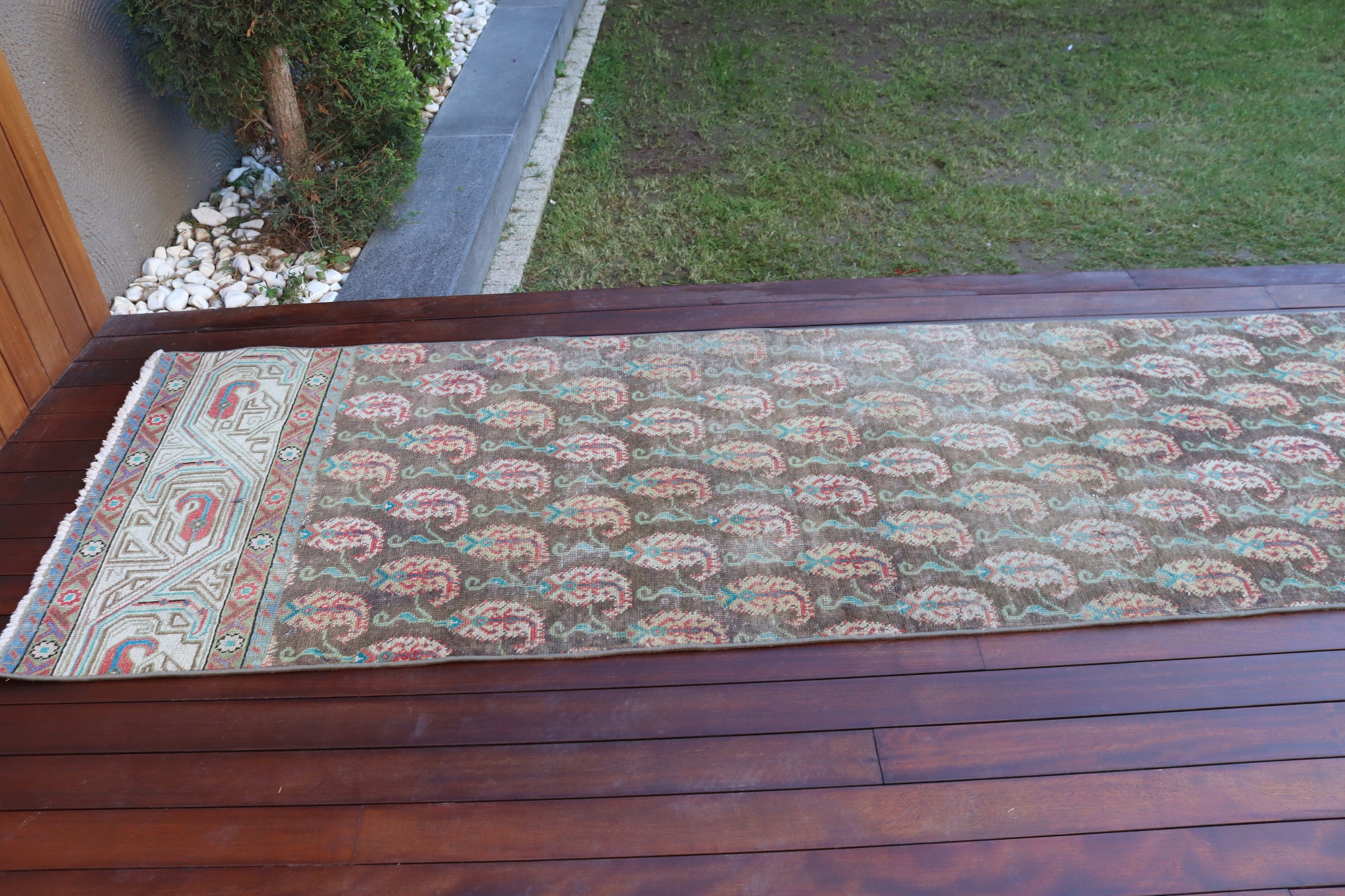 Mutfak Halıları, Türk Halıları, Vintage Halı, Merdiven Halıları, 2,7x12,8 ft Runner Halı, Kahverengi Geometrik Halı, Vintage Runner Halı, Bildiri Halıları