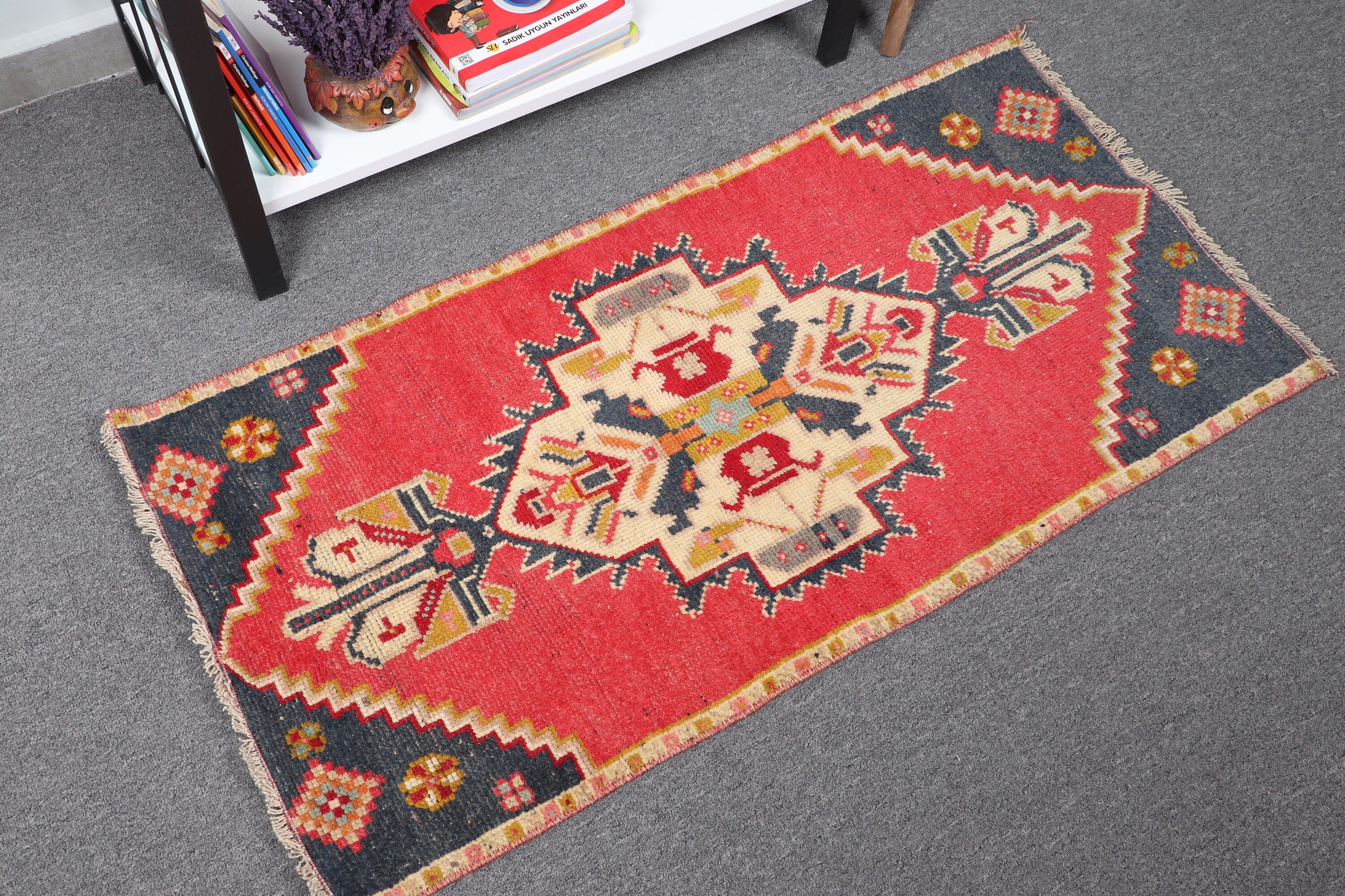 Vintage Rugs, Floor Rugs, Turkish Rugs, Car Mat Rug, Moroccan Rug, Wall Hanging Rug, 1.7x3.5 ft Small Rug, Bright Rugs, Red Kitchen Rugs