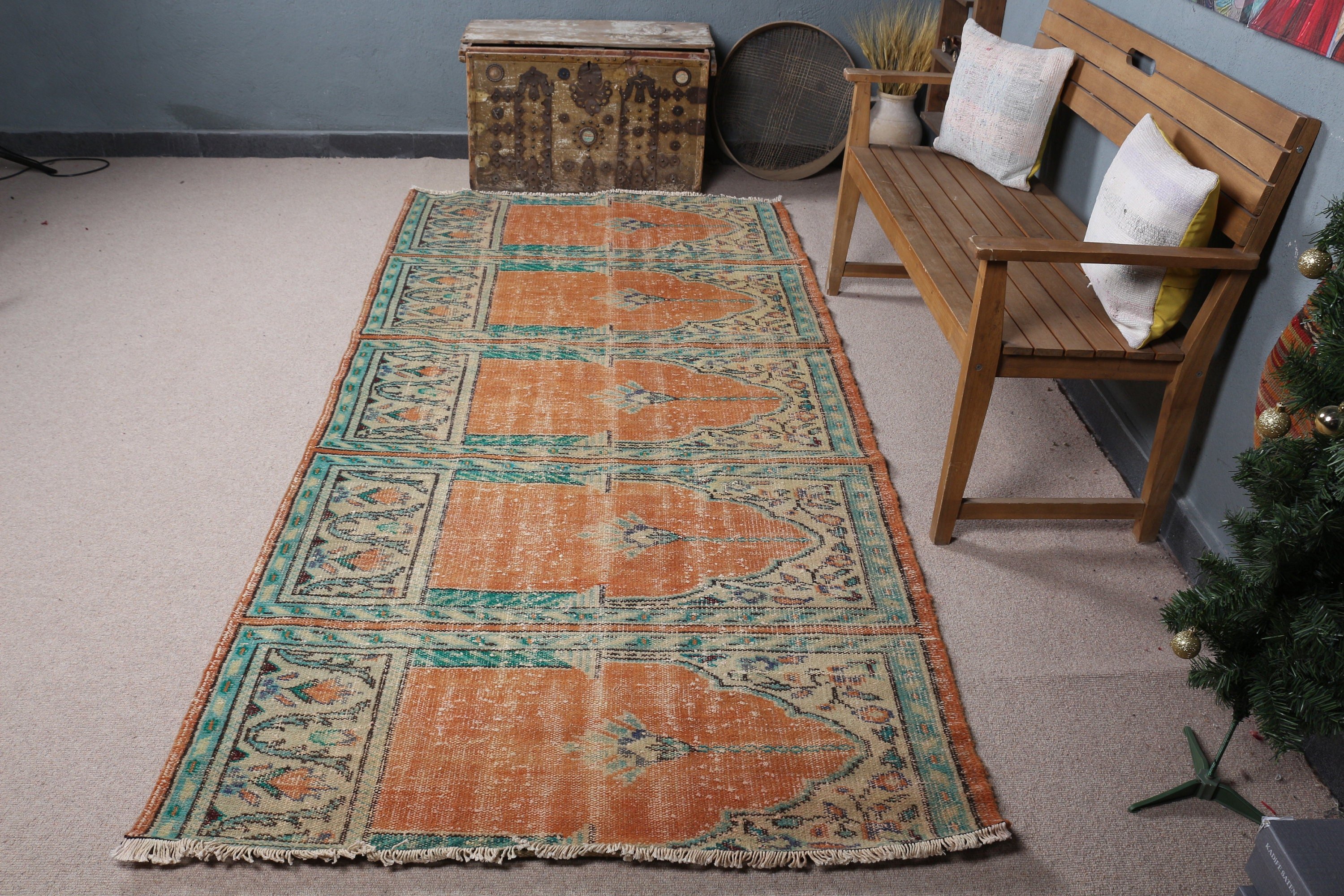 Vintage Rugs, Turkish Rug, Indoor Rug, Green Kitchen Rugs, Living Room Rugs, 4.3x9 ft Area Rug, Oushak Rug, Rugs for Indoor, Kitchen Rugs