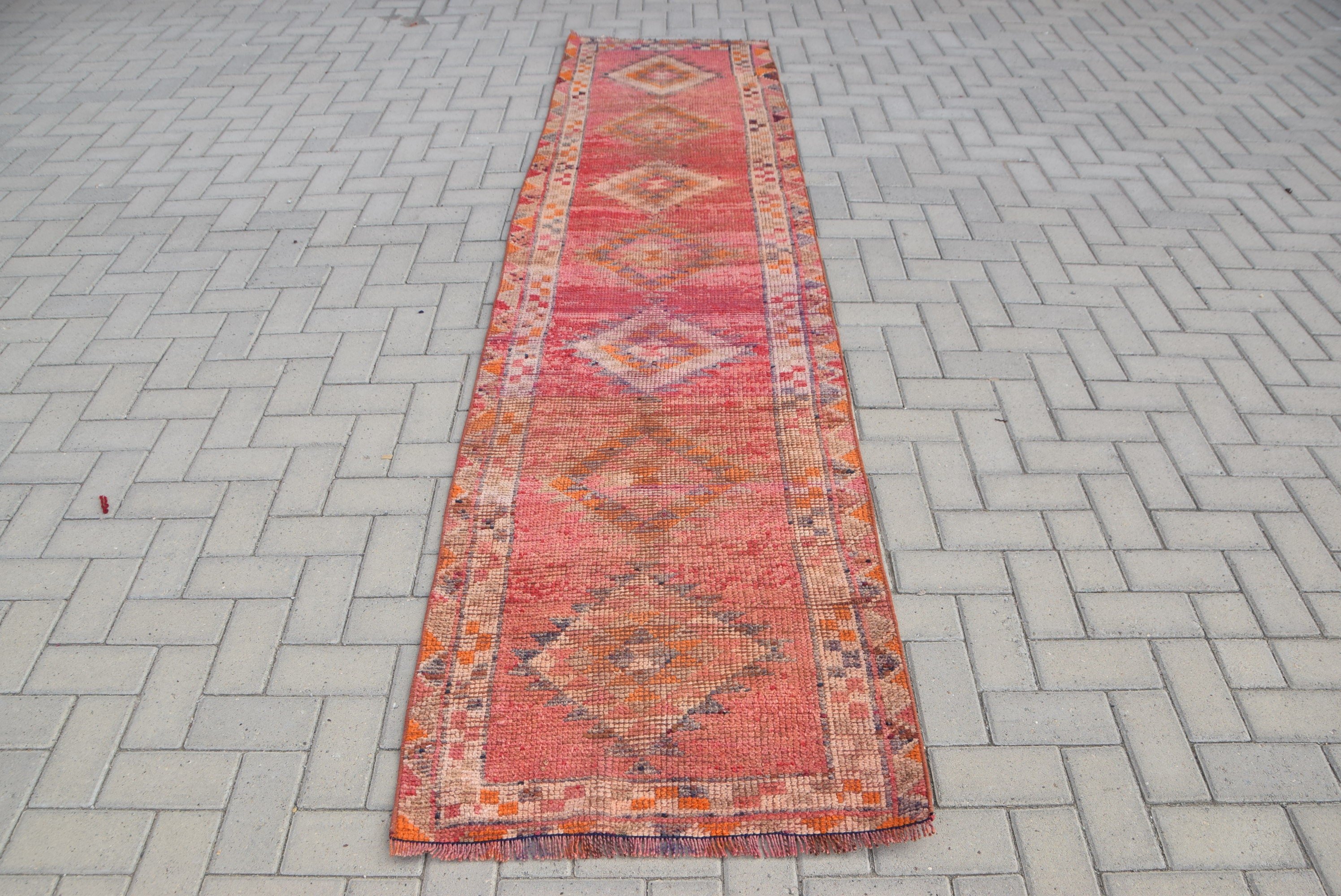 Red Oriental Rugs, 2.5x10.6 ft Runner Rug, Rugs for Corridor, Turkish Rug, Muted Rug, Kitchen Rug, Moroccan Rug, Vintage Rug