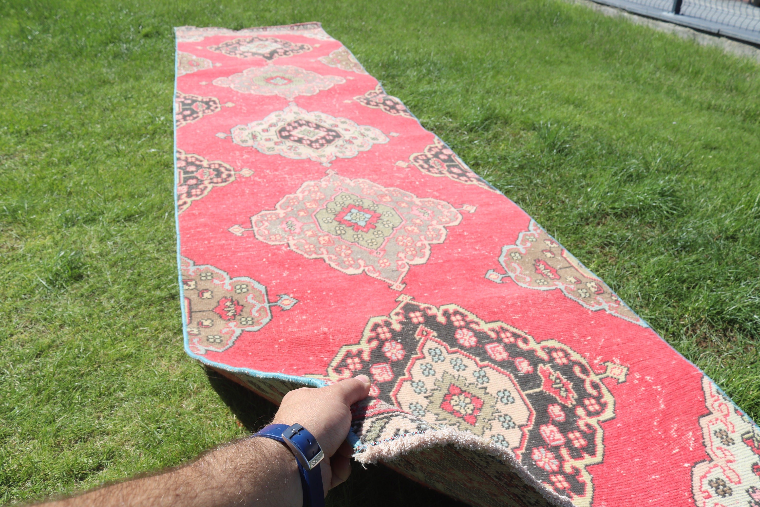 Uzun Yolluk Halıları, Yün Halıları, Türk Halısı, Vintage Halı, Kırmızı Geometrik Halılar, 2.9x12.8 ft Runner Halıları, Vintage Runner Halıları, Oryantal Halı