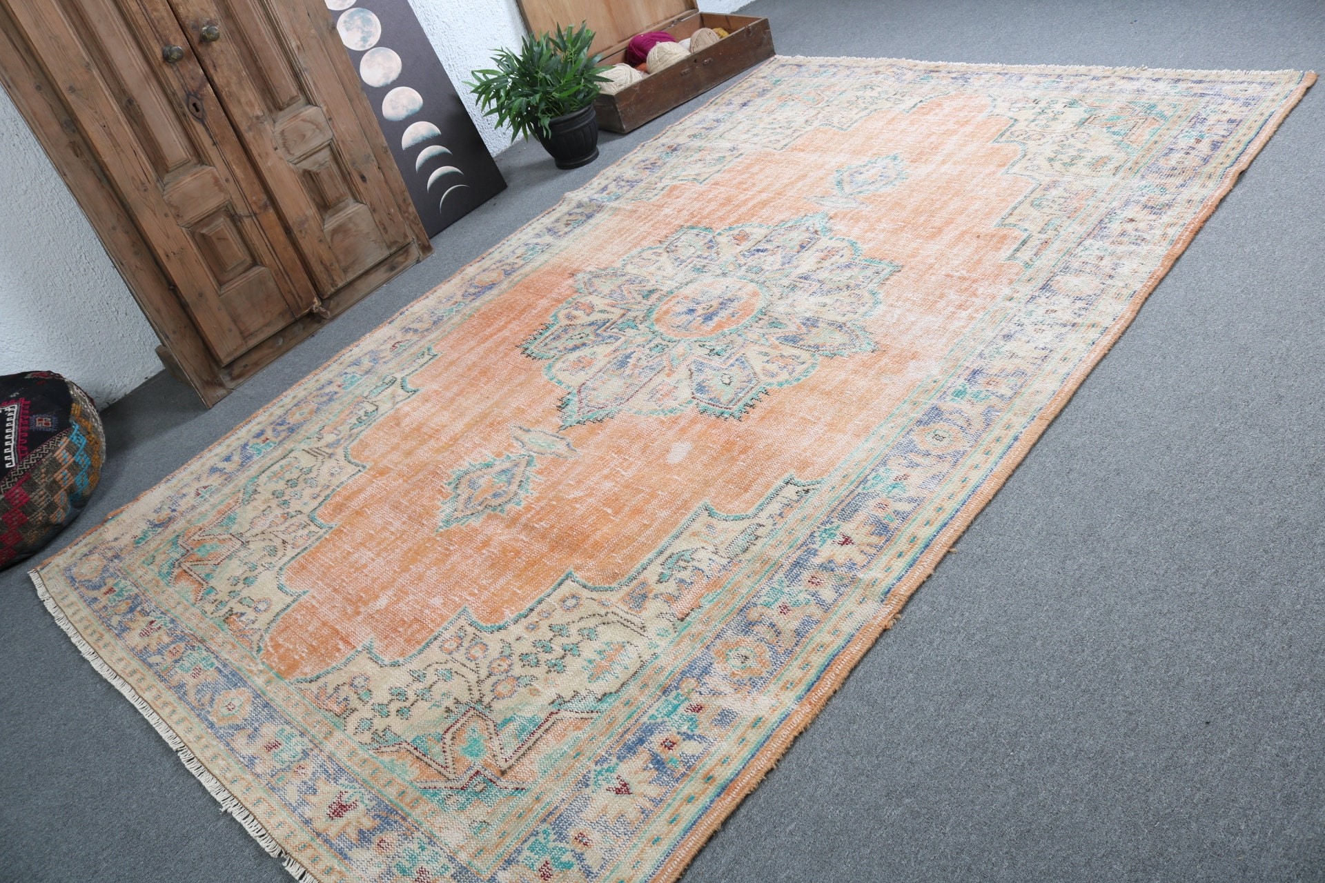 6.2x9.8 ft Büyük Halılar, Turuncu Geometrik Halı, Yemek Odası Halısı, Boho Halısı, Yer Halıları, Vintage Halı, Bildiri Halısı, Türk Halısı, Büyük Boho Halısı