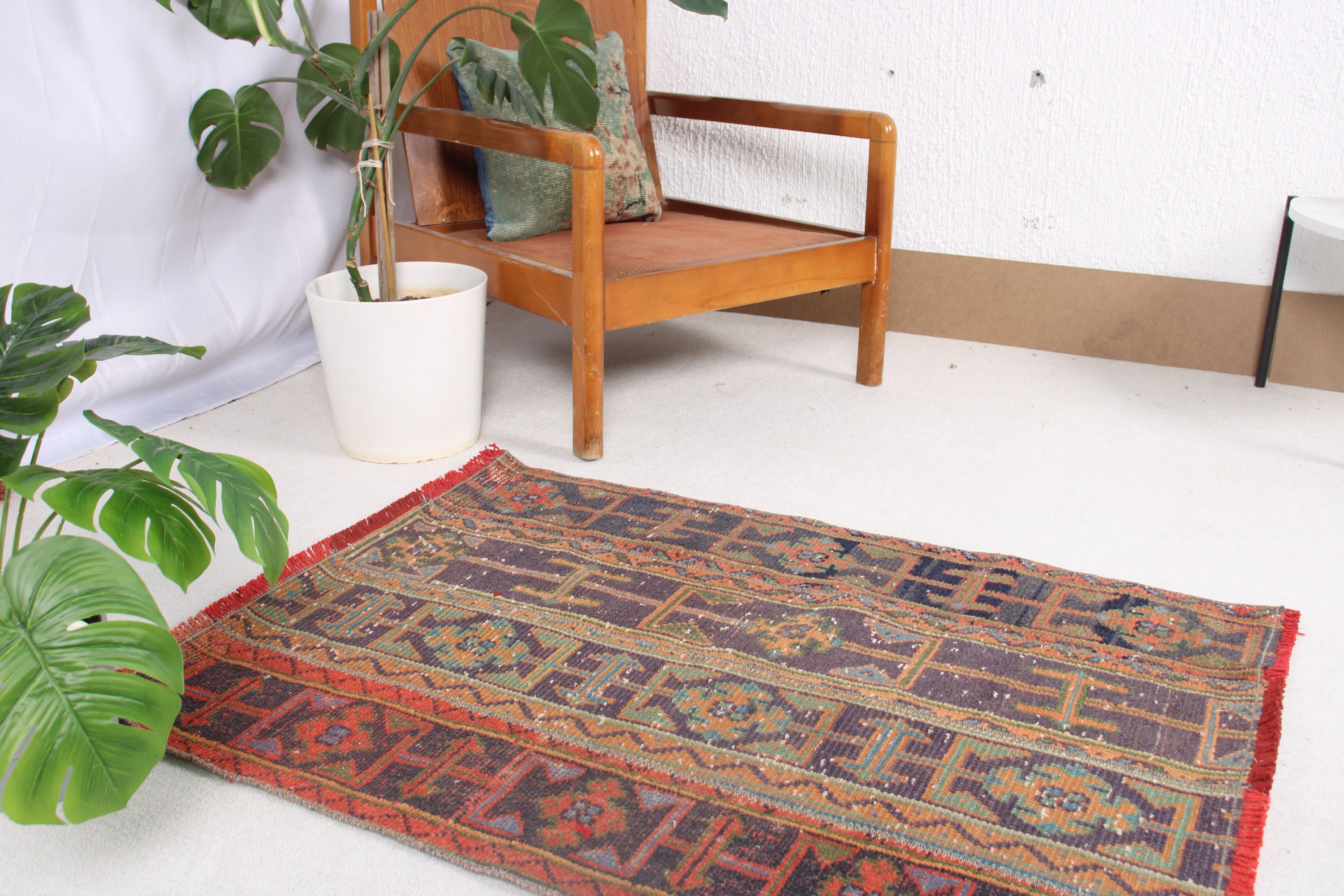 Küçük Alan Halısı, El Dokuma Halılar, Yatak Odası Halıları, 2,7x3,6 ft Küçük Halı, Boho Halı, Vintage Halı, Türk Halısı, Turuncu Geometrik Halılar