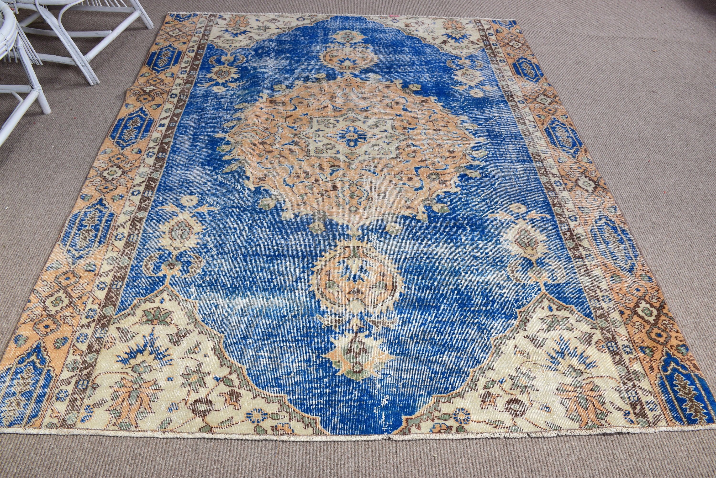 Oturma Odası Halısı, Yemek Odası Halısı, 6.1x7.3 ft Büyük Halı, Geometrik Halılar, Vintage Halı, Türk Halısı, Mavi Fas Halısı