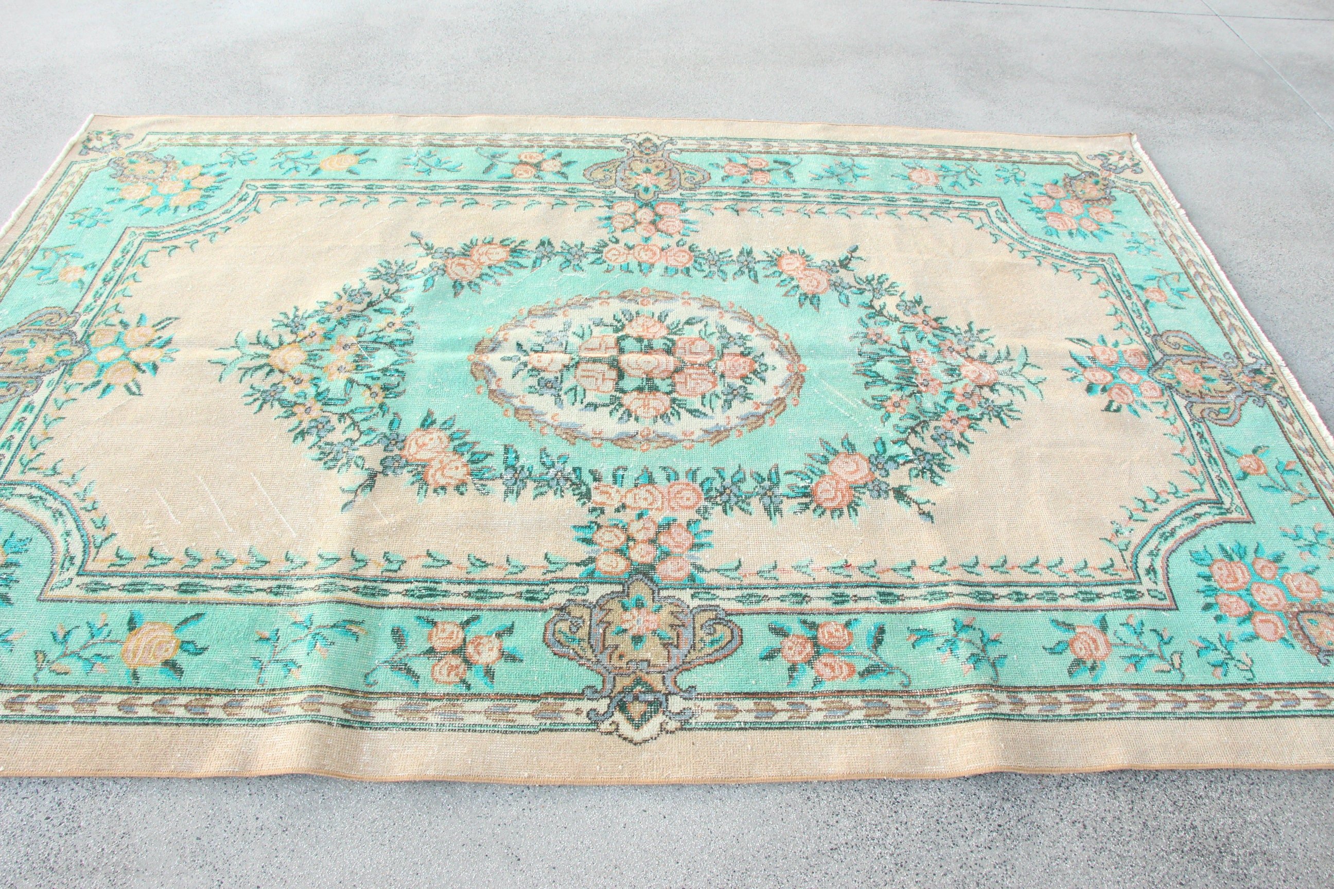 Living Room Rugs, 5.5x8.3 ft Large Rug, Turkish Rug, Neutral Rug, Green Statement Rug, Vintage Rugs, Large Oushak Rugs, Oriental Rugs