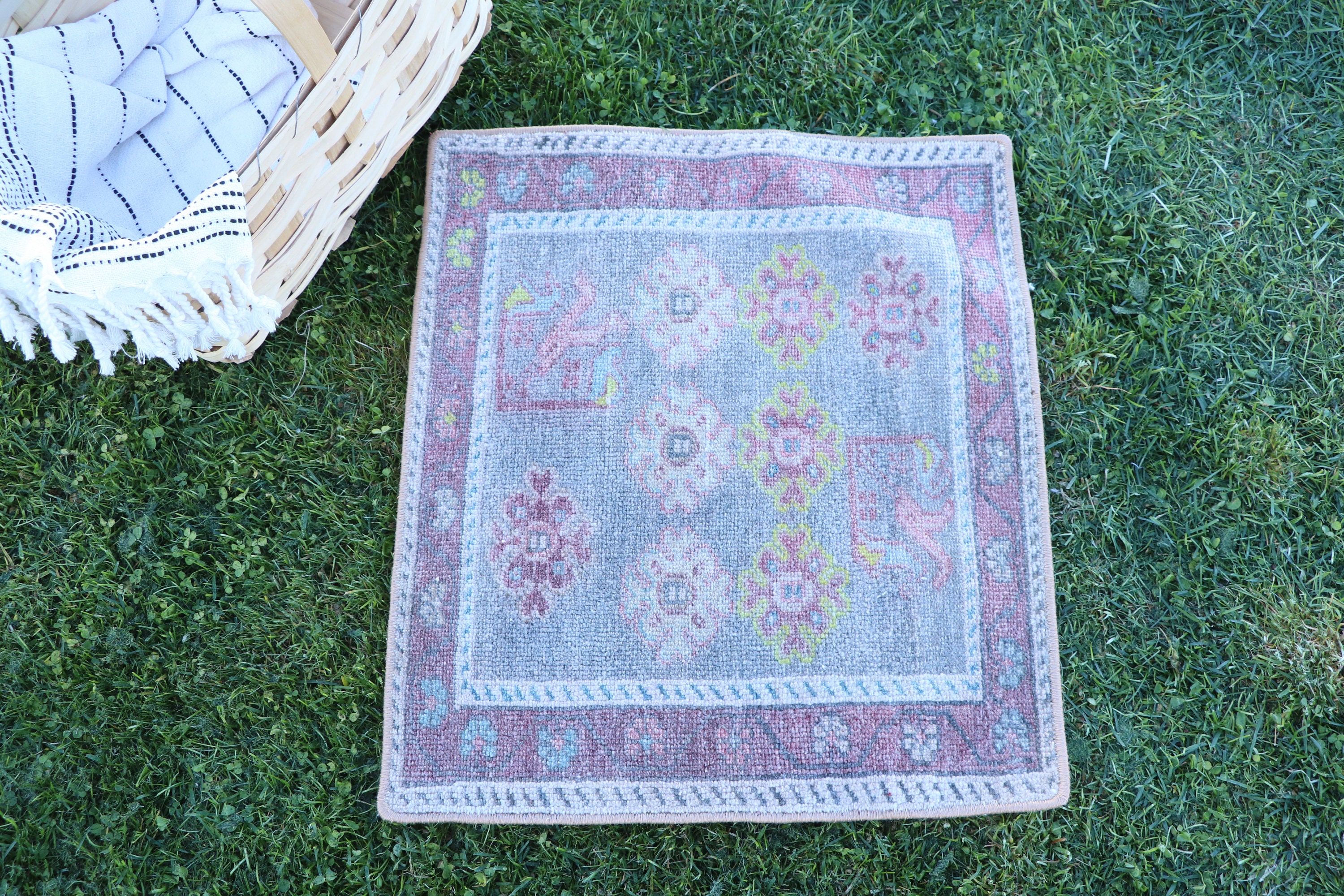 Araba Paspas Halısı, Vintage Halılar, 1.5x1.7 ft Küçük Halılar, Türk Halıları, Geometrik Halı, Gri Lüks Halı, Oushak Halı, Yatak Odası Halıları, Sanatsal Halılar