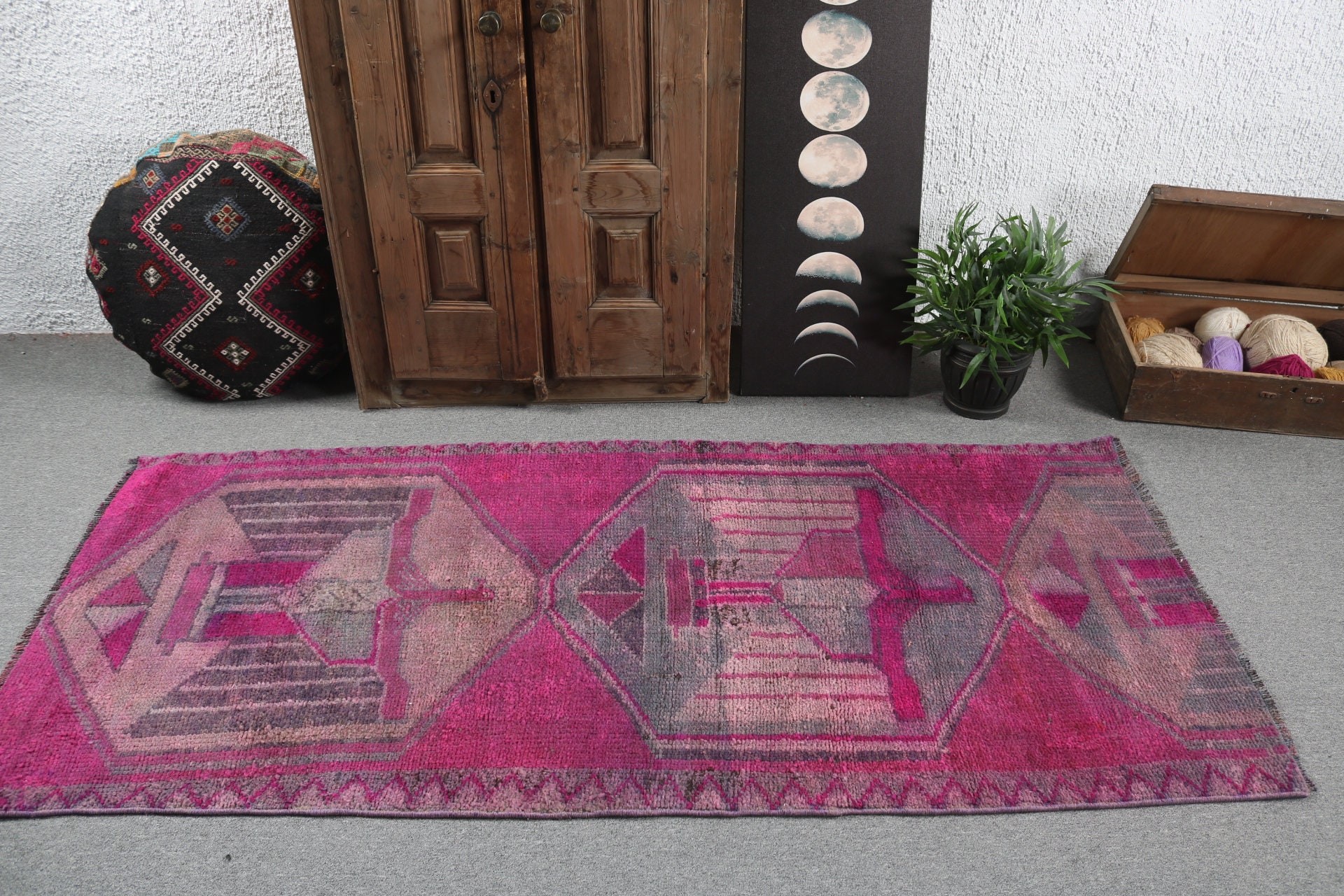 Boho Vurgulu Halılar, Türk Halıları, 3,2x7 ft Vurgulu Halılar, Vintage Halılar, Çocuk Halısı, Yatak Odası Halıları, Lüks Halılar, Nötr Halılar, Mor Yün Halılar