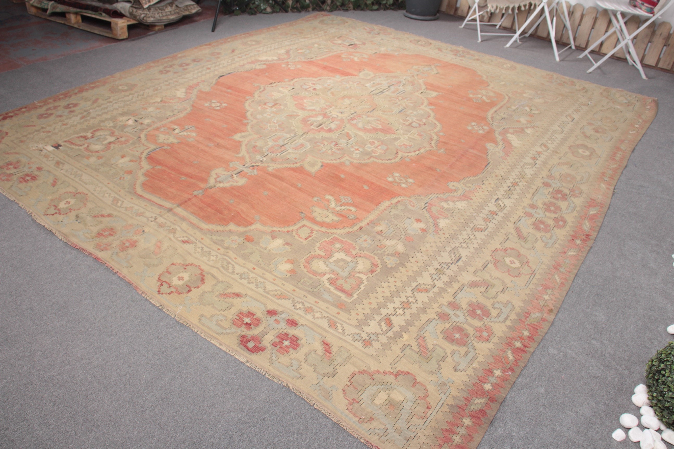 Yemek Odası Halısı, Kilim, Oushak Halısı, Soğuk Halı, Salon Halısı, Türk Halısı, Bej Ev Dekor Halısı, 9.5x10.7 ft Büyük Boy Halı, Vintage Halı, Sanat Halısı