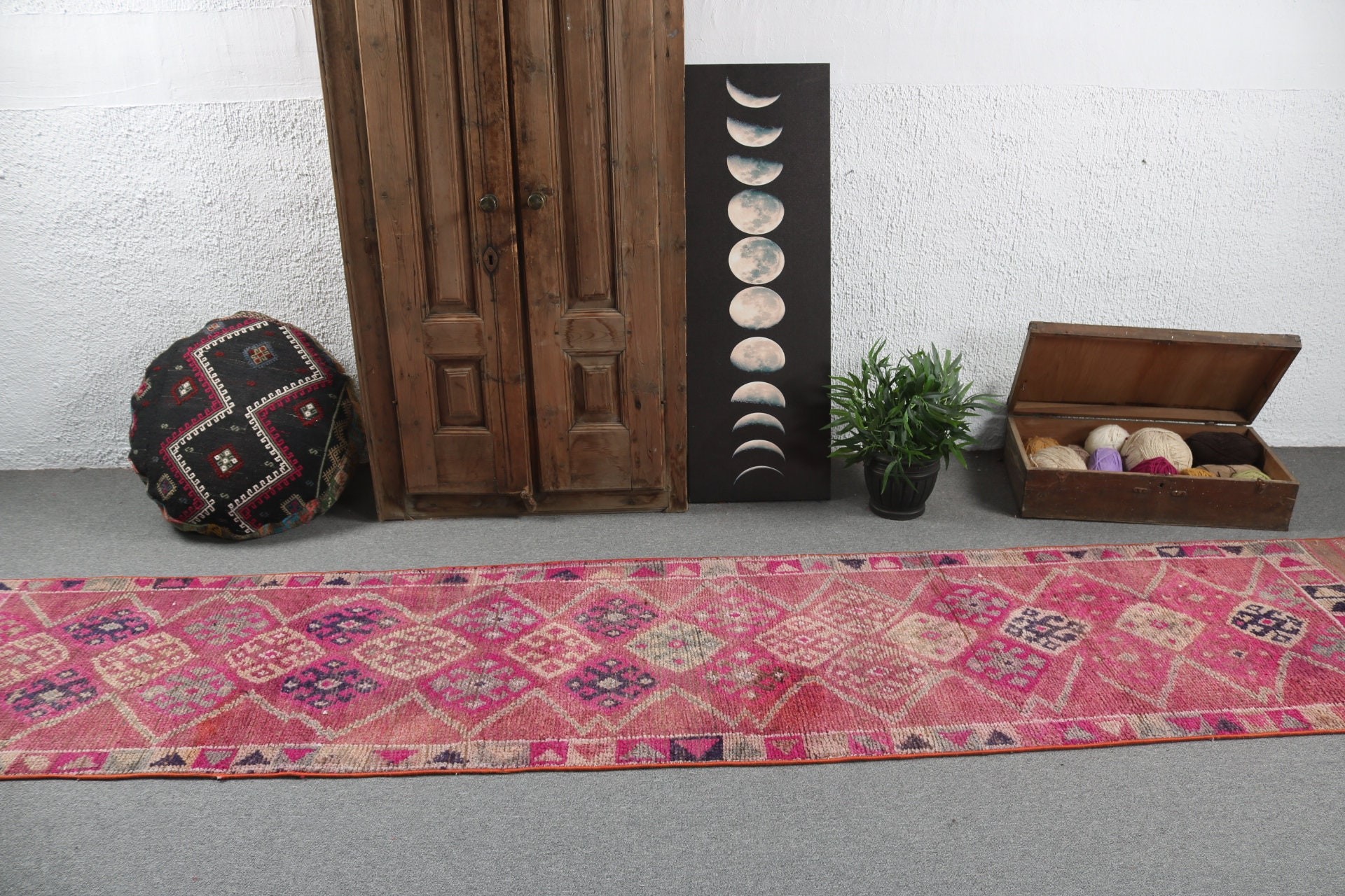 Vintage Rugs, Handmade Rug, Neutral Rugs, 2.5x12.3 ft Runner Rug, Floor Rugs, Beni Ourain Runner Rugs, Turkish Rugs, Pink Statement Rugs