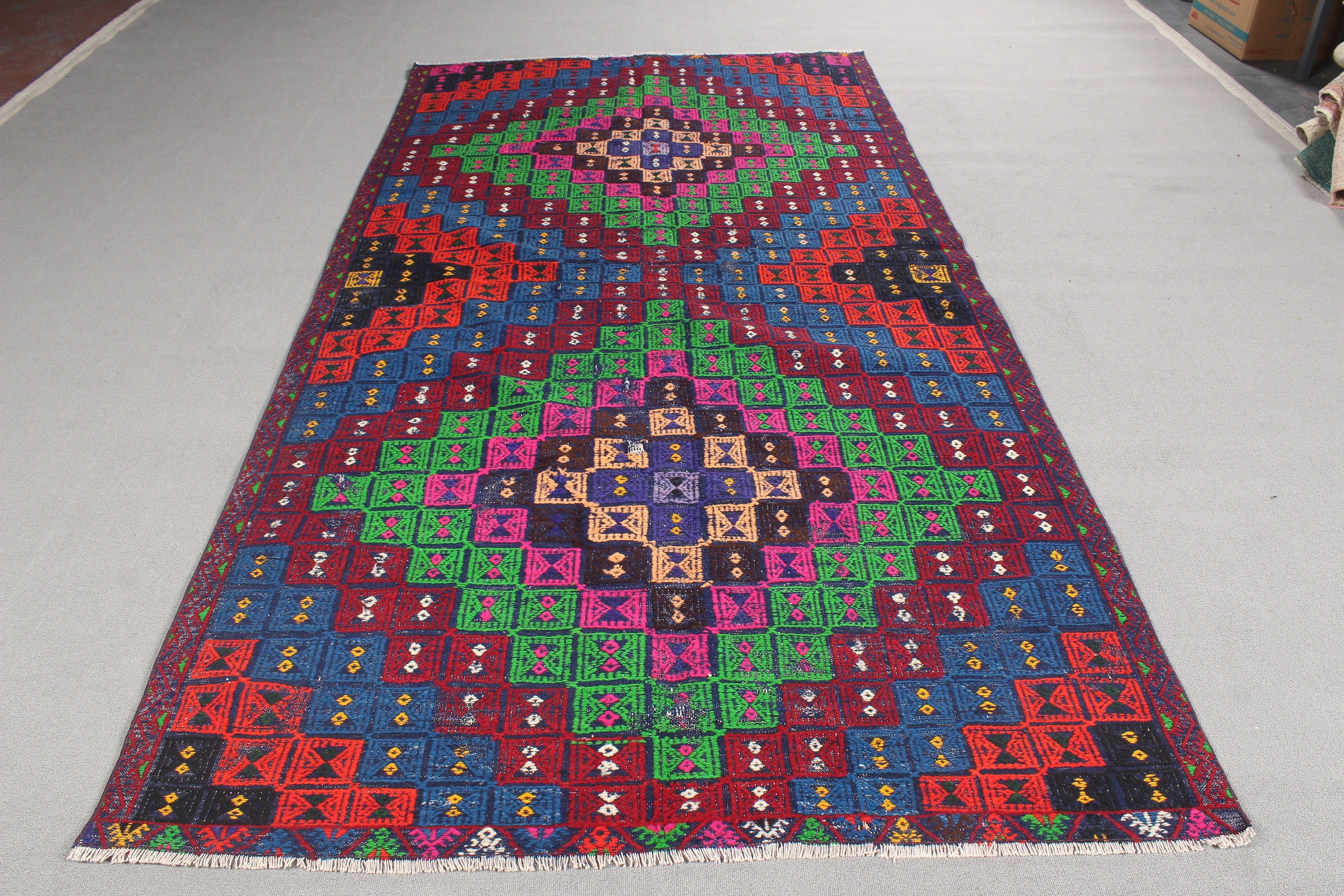 Yer Halıları, Gökkuşağı Anadolu Halıları, Türk Halıları, Kilim, Vintage Halı, Geometrik Halılar, Büyük Oushak Halı, 5.1x10 ft Büyük Halılar, Boho Halı