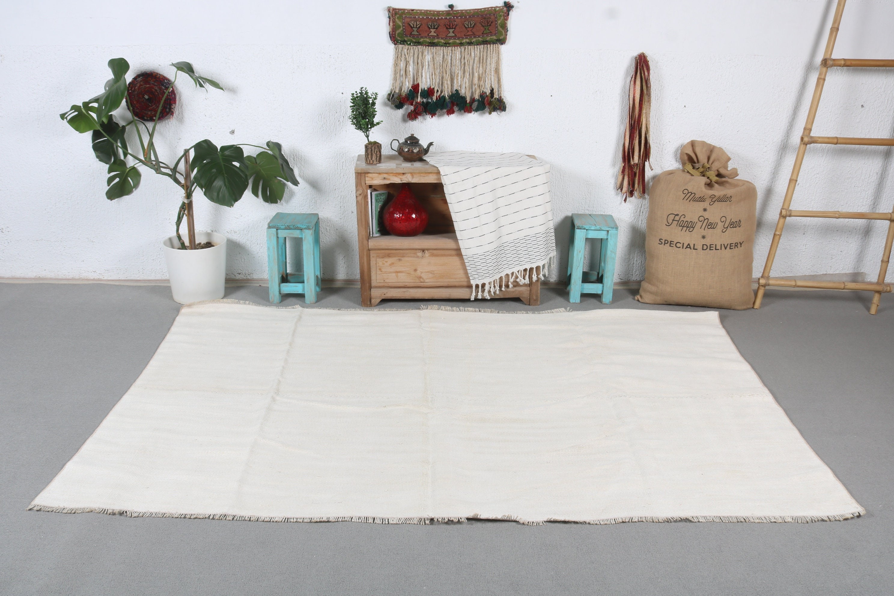 Vintage Rugs, Floor Rug, Moroccan Rug, White Wool Rug, Cute Rug, 7.7x4.7 ft Area Rug, Antique Rug, Turkish Rugs, Living Room Rugs, Kilim
