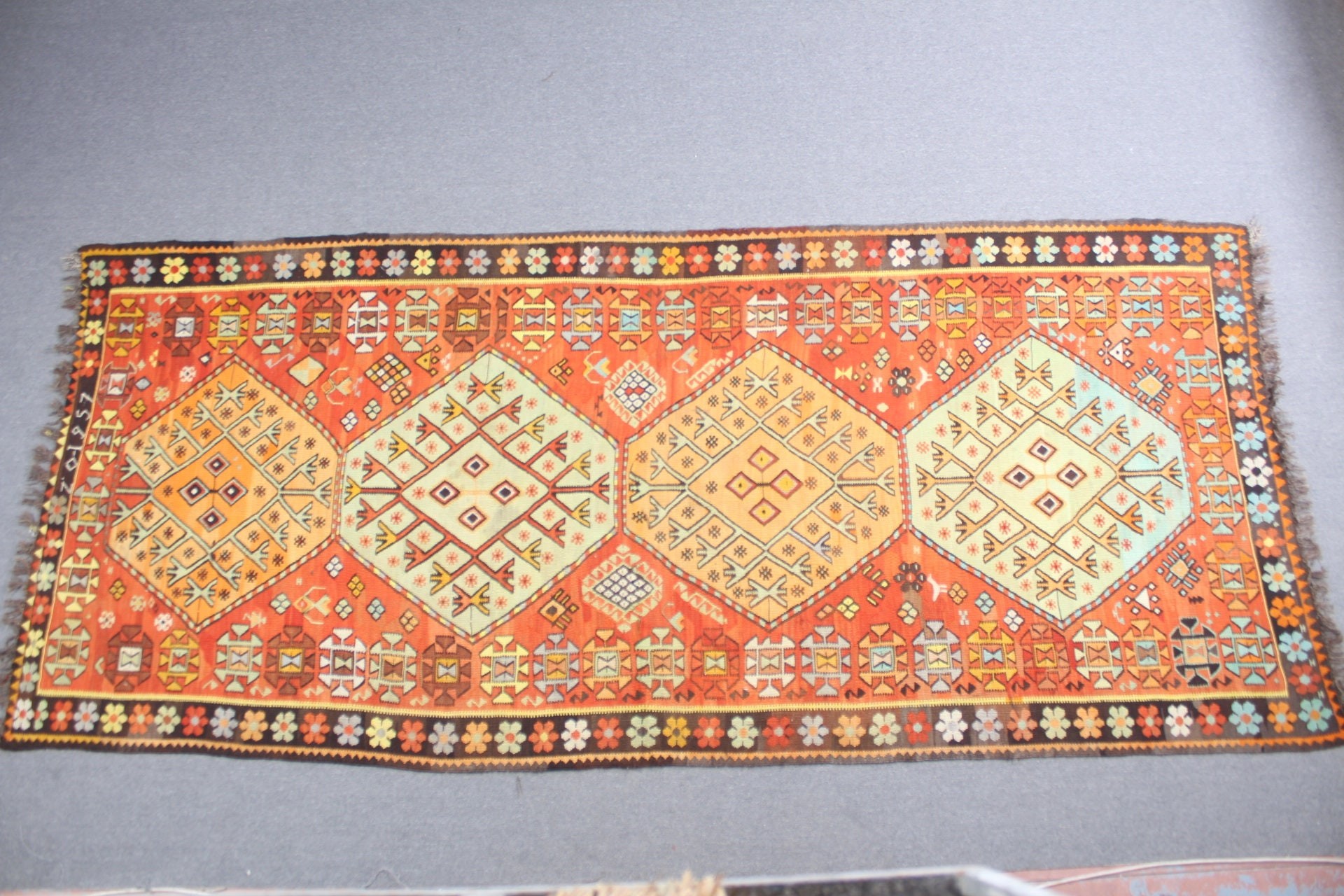 Oryantal Halı, Turuncu 5x12 ft Büyük Halı, Kilim, Yer Halısı, Vintage Halı, Salon Halısı, Eskitilmiş Halılar, Yatak Odası Halısı, Türk Halısı