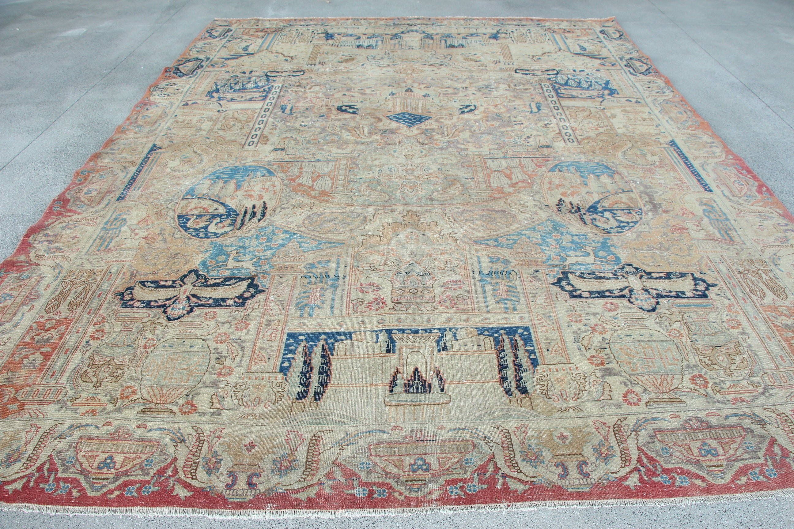 Vintage Halı, Bej Oushak Halılar, Salon Halısı, Vintage Dekor Halıları, 9.6x12.6 ft Büyük Boy Halı, Salon Halıları, Nötr Halılar, Türk Halıları, Yün Halı