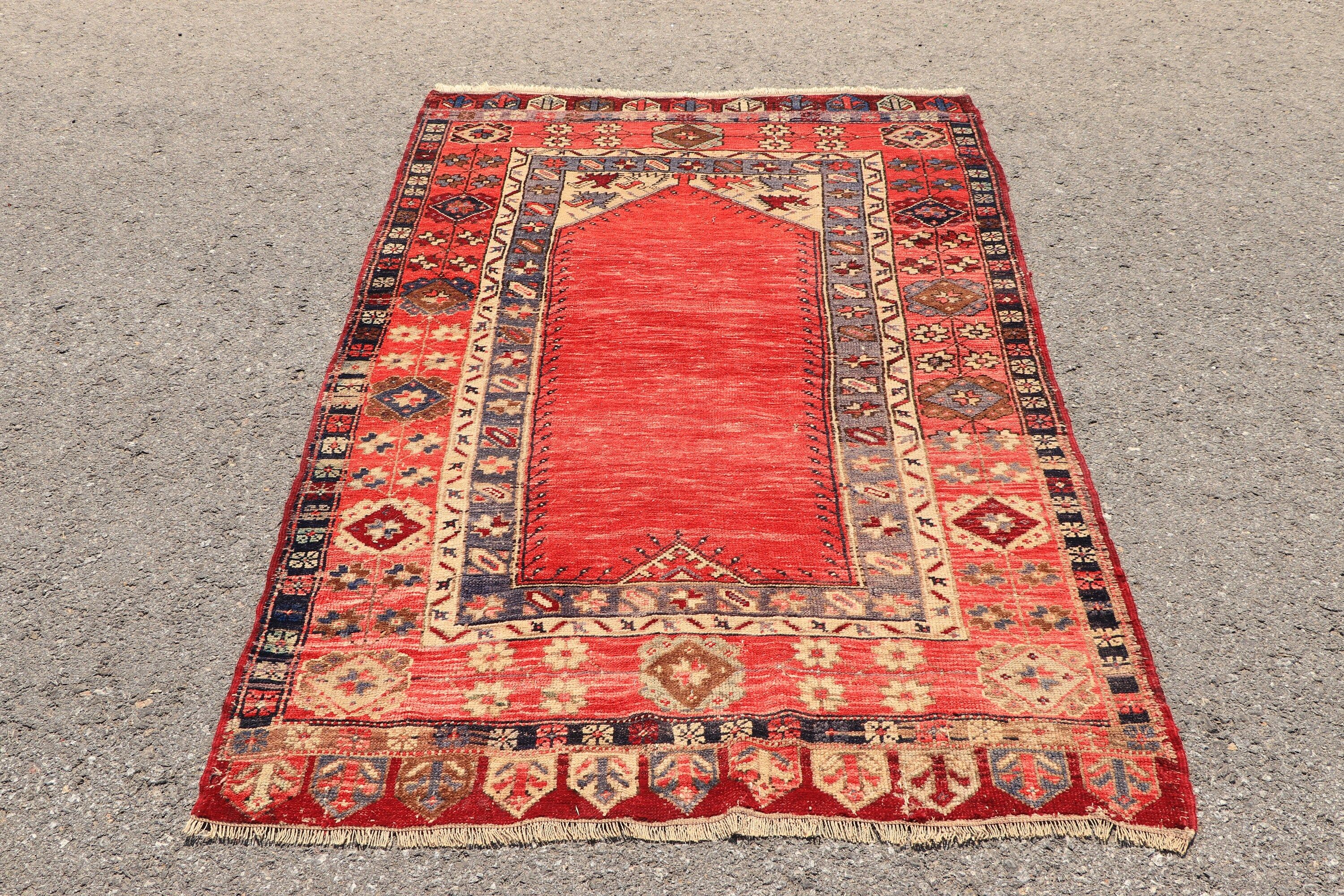 Vintage Rugs, Oushak Rug, Turkish Rug, Art Rug, 4x6.2 ft Area Rugs, Floor Rugs, Kitchen Rugs, Rugs for Kitchen, Red Anatolian Rugs