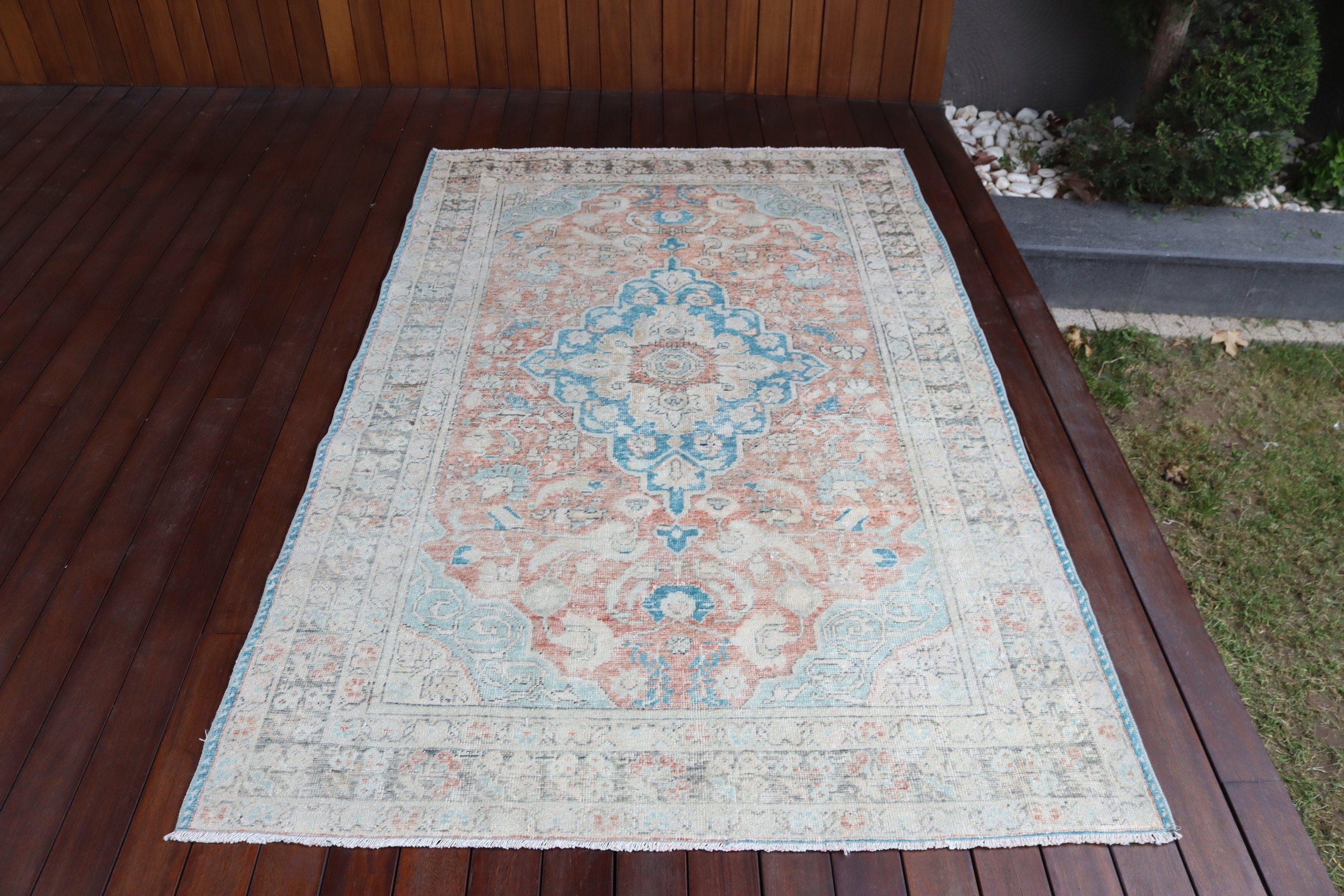 4.3x6.8 ft Alan Halıları, Vintage Halılar, Çocuk Halıları, Boho Halıları, Türk Halıları, Bej Antika Halı, Yemek Odası Halısı, El Dokuma Halısı, Dış Mekan Halısı