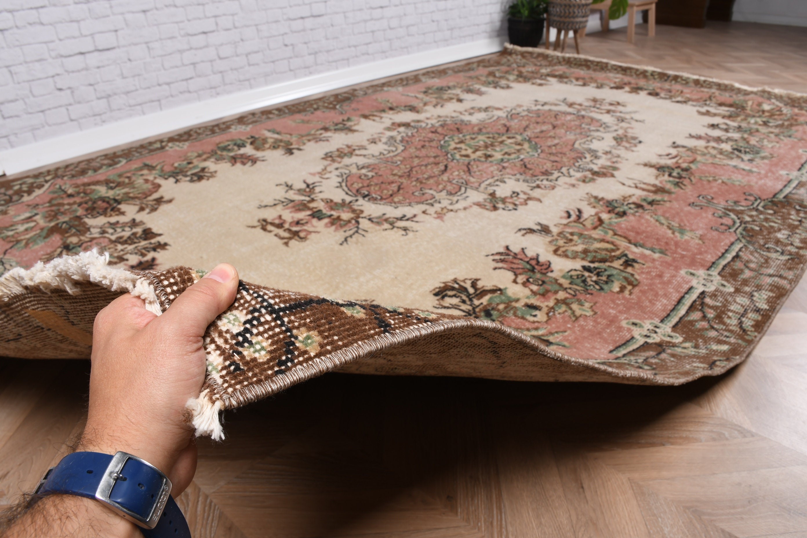 6.3x10 ft Büyük Halılar, Büyük Vintage Halılar, Yün Halılar, Boho Halı, Pembe Oushak Halı, Vintage Halı, Türk Halısı, Ev Dekor Halıları, Yemek Odası Halıları