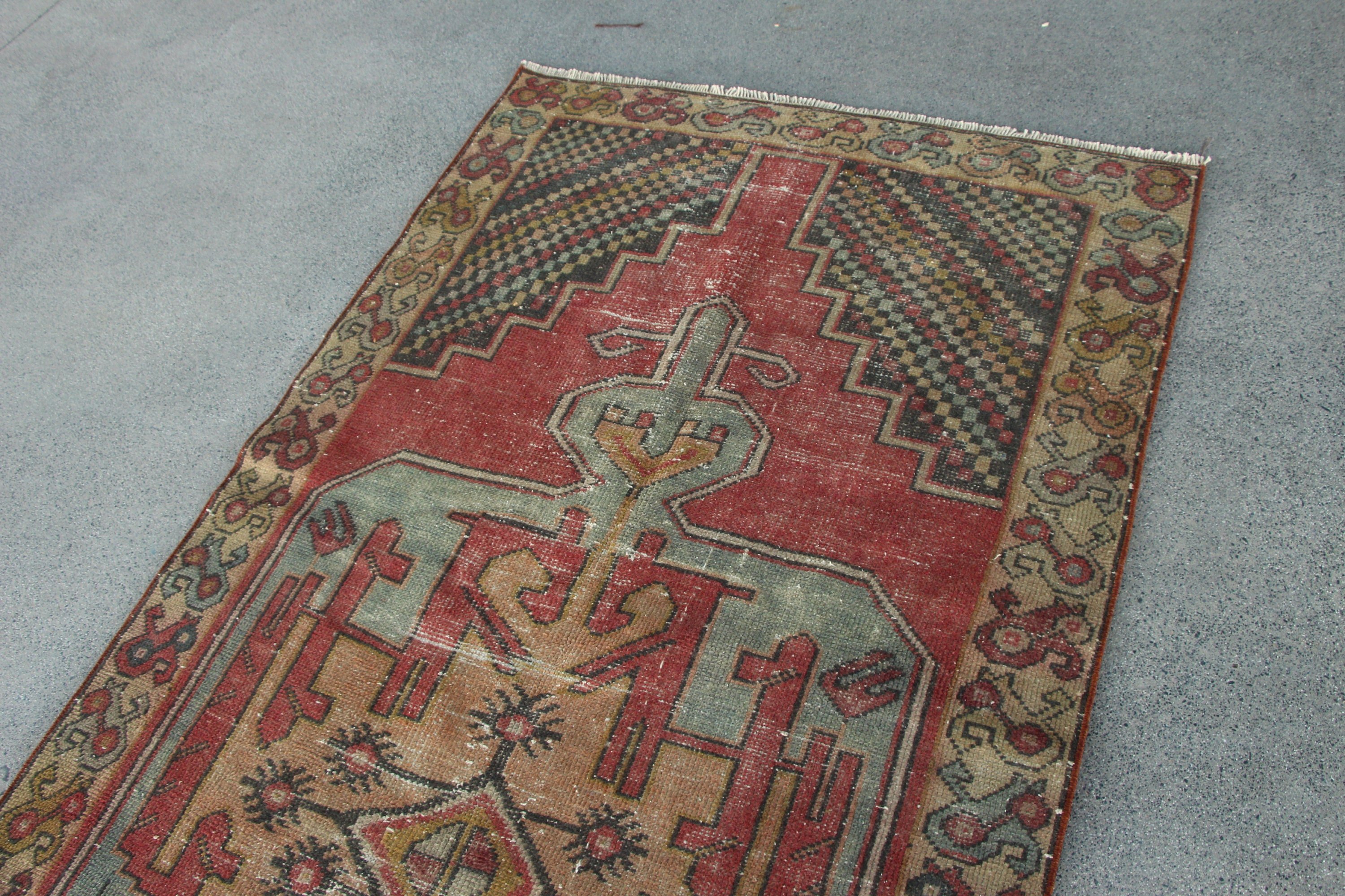 Oriental Rug, Vintage Rug, Rugs for Dining Room, Turkish Rug, Floor Rugs, Red Wool Rug, 3.8x8.5 ft Area Rug, Dining Room Rugs, Kitchen Rug