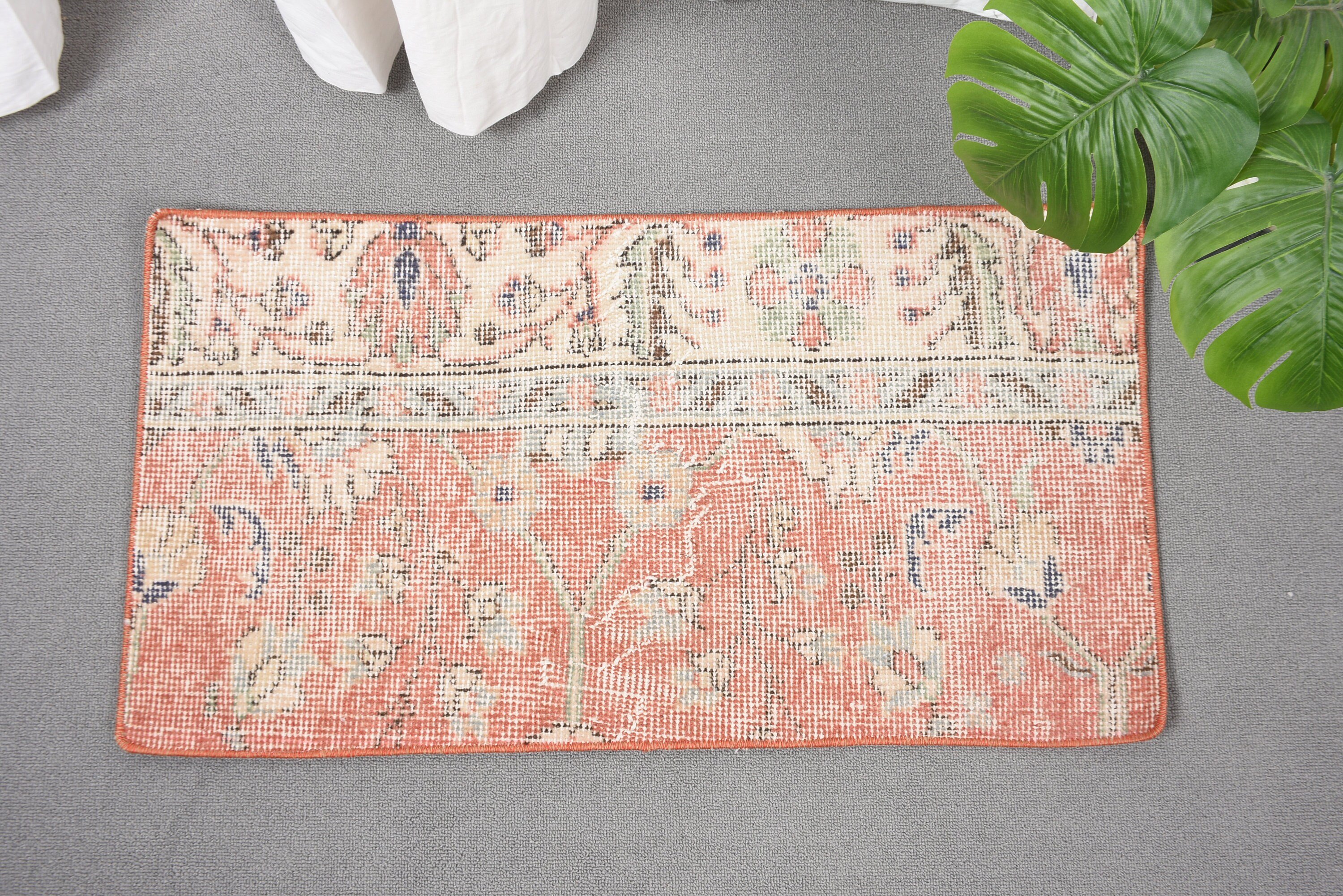 Entry Rugs, Vintage Rug, 1.5x2.8 ft Small Rugs, Bedroom Rugs, Small Area Rug, Orange Wool Rug, Rugs for Bath, Kitchen Rugs, Turkish Rugs