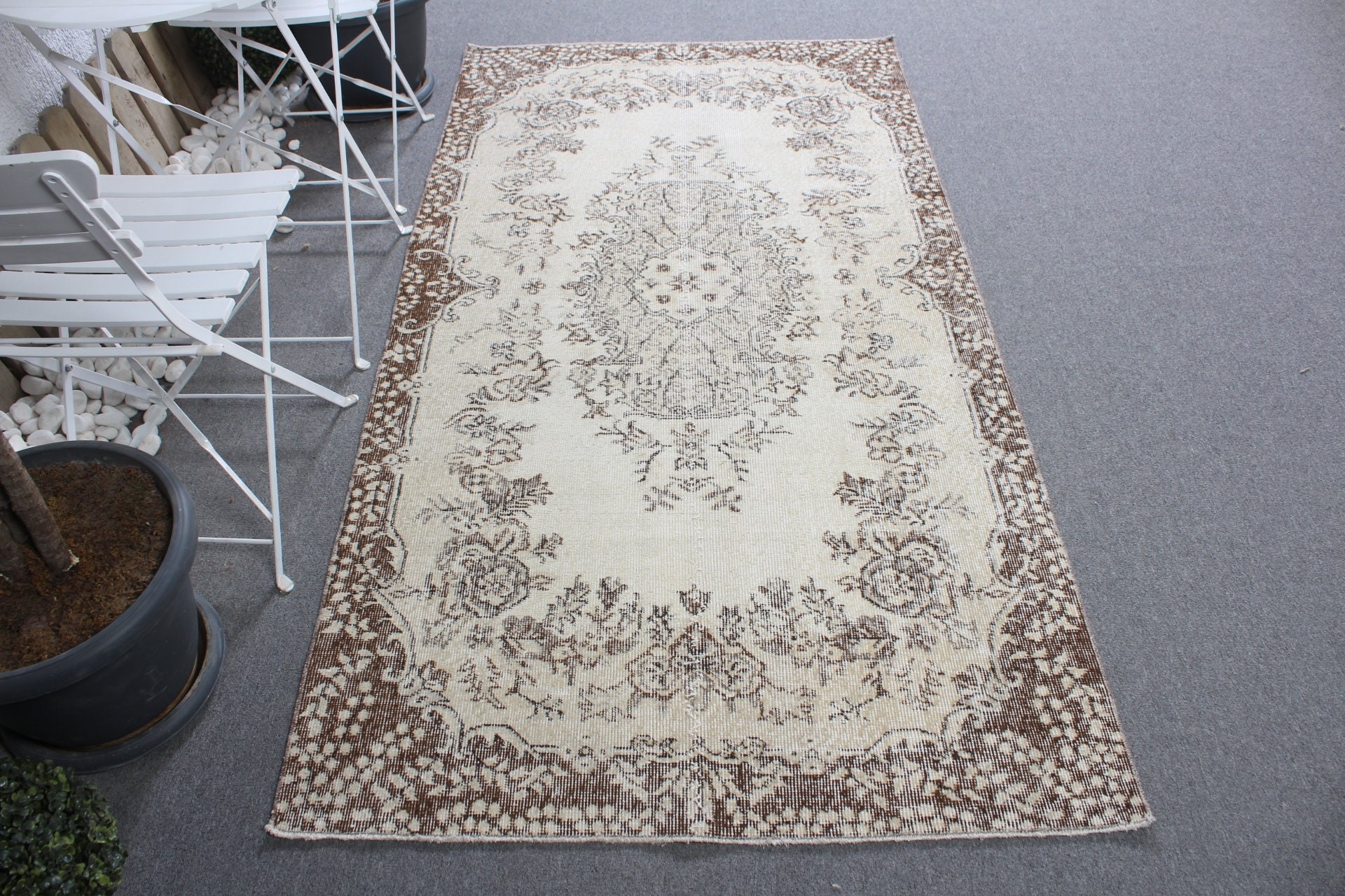 Turkish Rug, Beige Oushak Rugs, Wool Rug, Ethnic Rug, Home Decor Rugs, Dining Room Rug, Vintage Rugs, 3.8x7.4 ft Area Rugs, Bedroom Rug