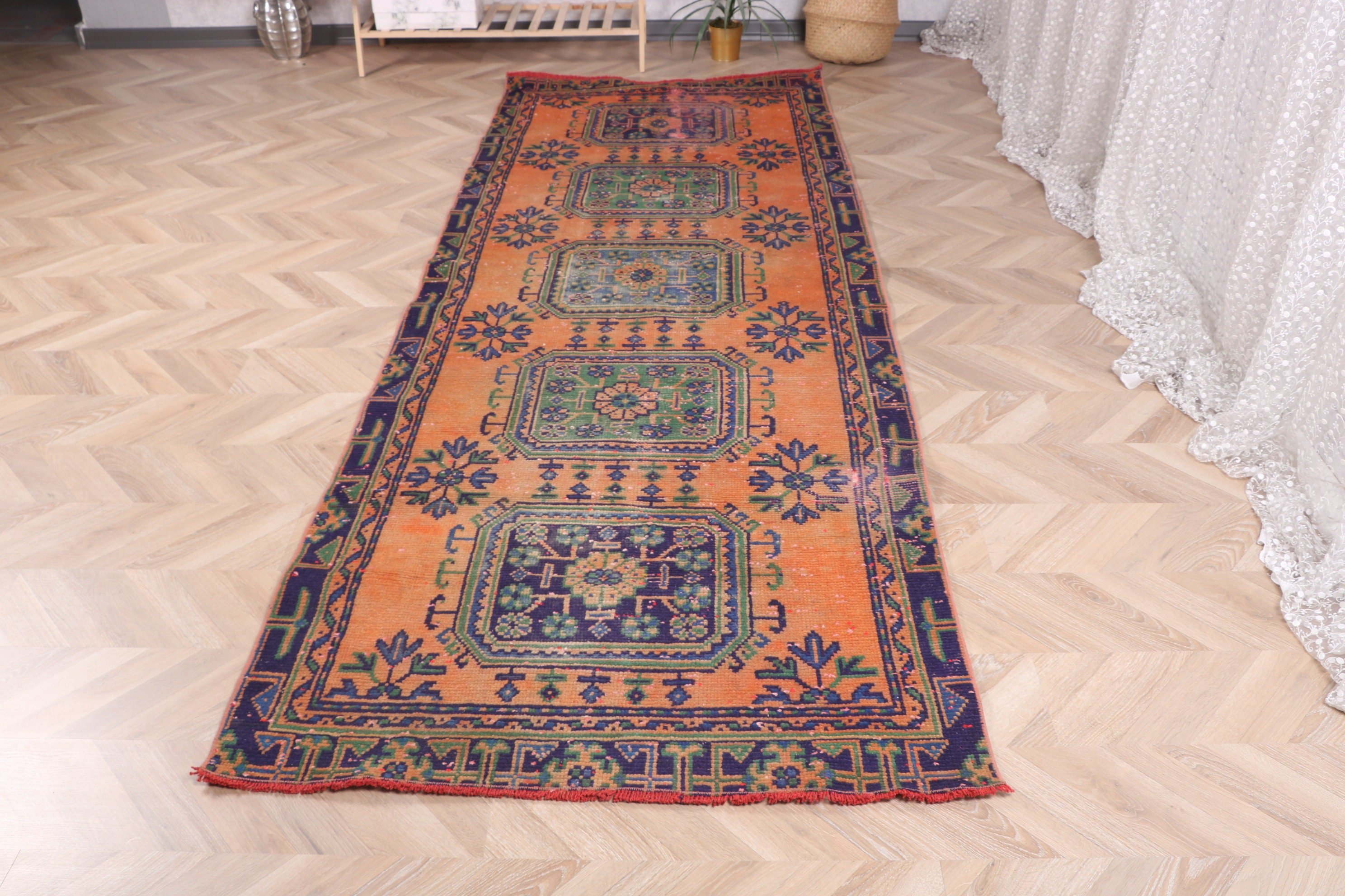 Merdiven Halısı, Vintage Halı, 3.6x10.1 ft Runner Halıları, Turuncu Geometrik Halı, El Dokuma Halıları, Türk Halısı, Beni Ourain Runner Halıları, Boho Halısı