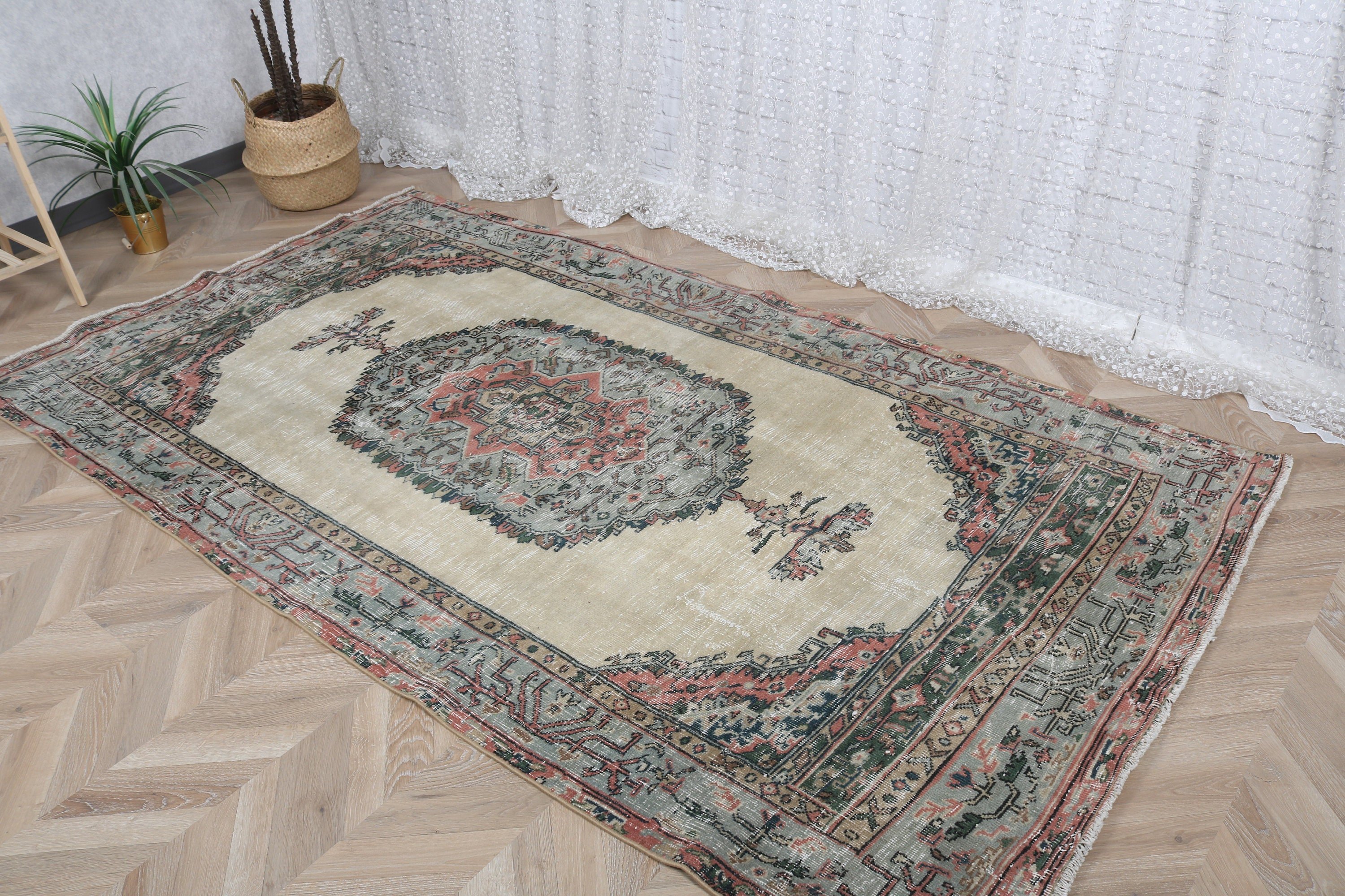 Türk Halıları, Yemek Odası Halıları, Vintage Halılar, İç Mekan Halıları, Bej Yün Halı, El Dokuma Halı, Ev Dekor Halıları, 4,6x8,4 ft Alan Halısı