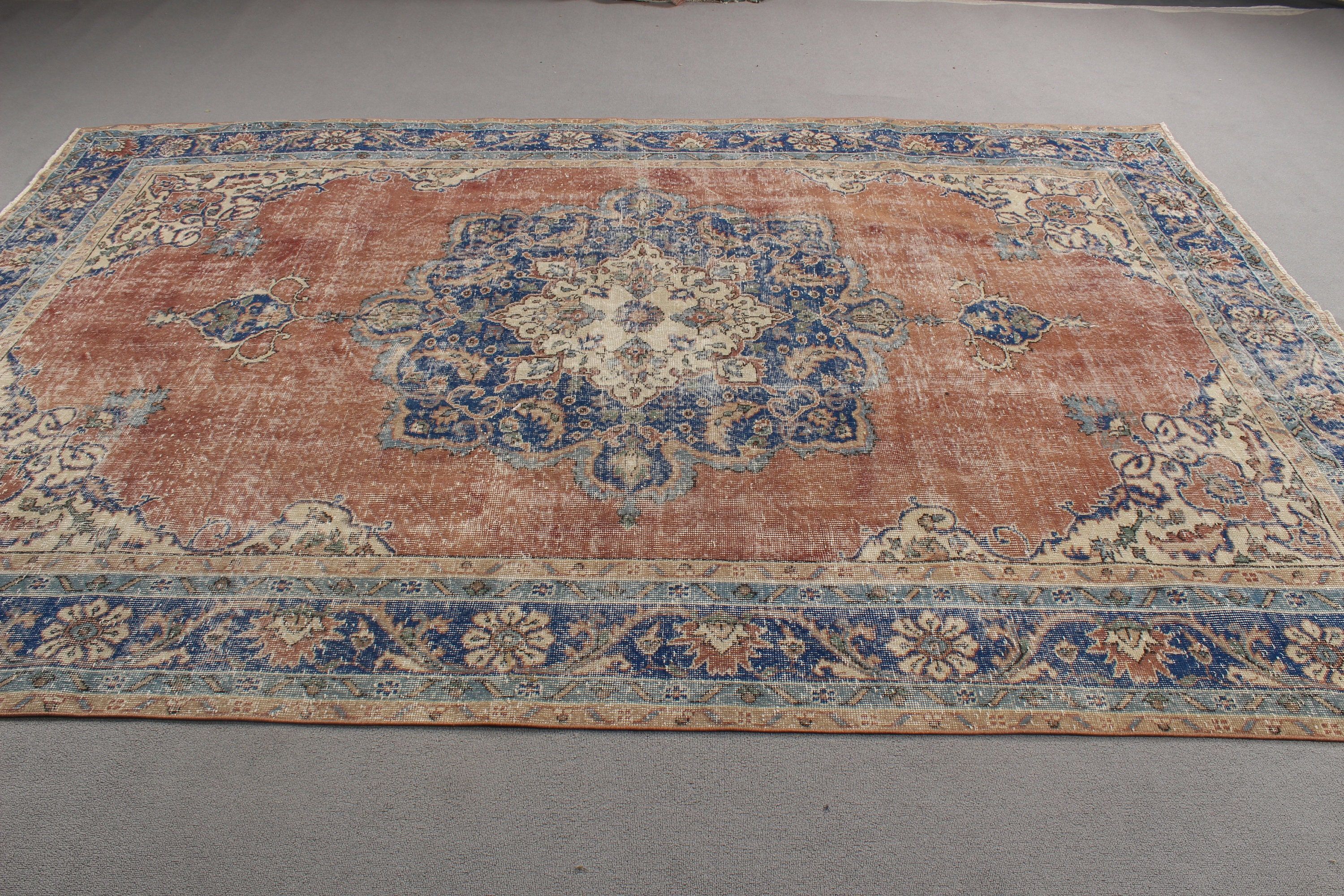 Türk Halıları, Oturma Odası Halısı, 7.2x10.4 ft Büyük Boy Halı, Vintage Halı, Büyük Boy Türk Halıları, Geometrik Halı, El Dokuma Halı, Kahverengi Boho Halı