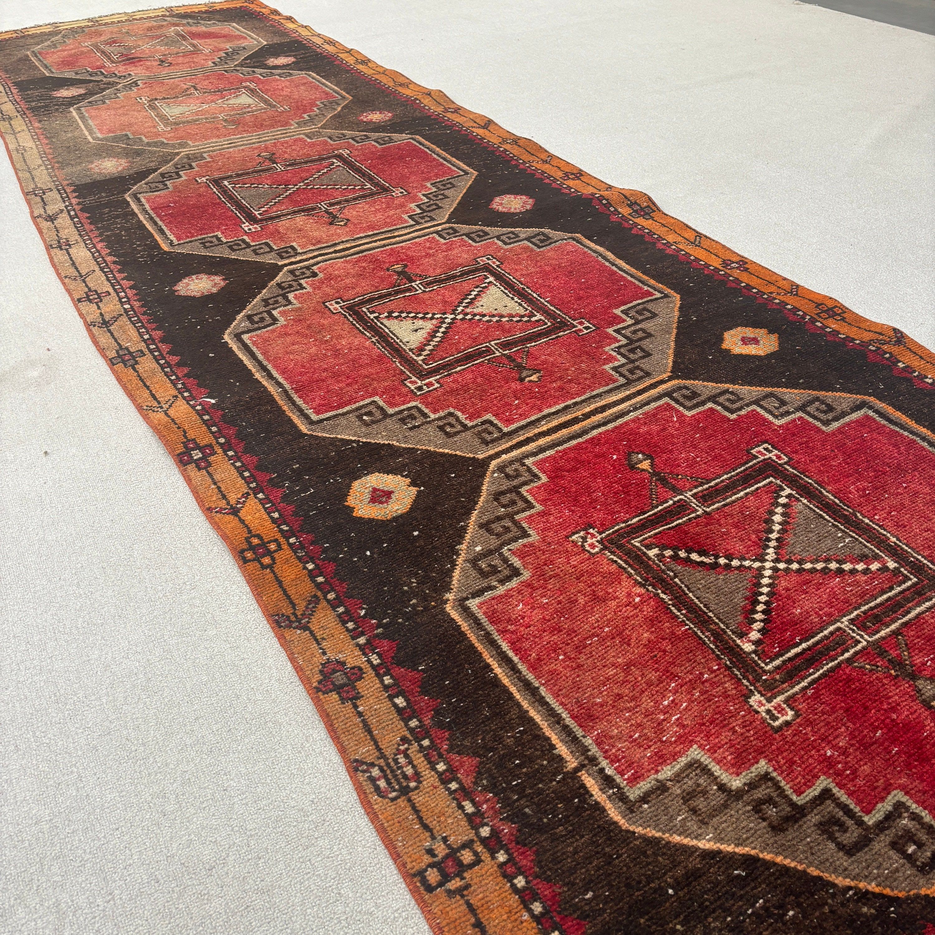 Moroccan Rugs, Turkish Rugs, Vintage Rug, 3.6x12.8 ft Runner Rugs, Neutral Rugs, Red Geometric Rugs, Rugs for Runner, Hallway Rugs