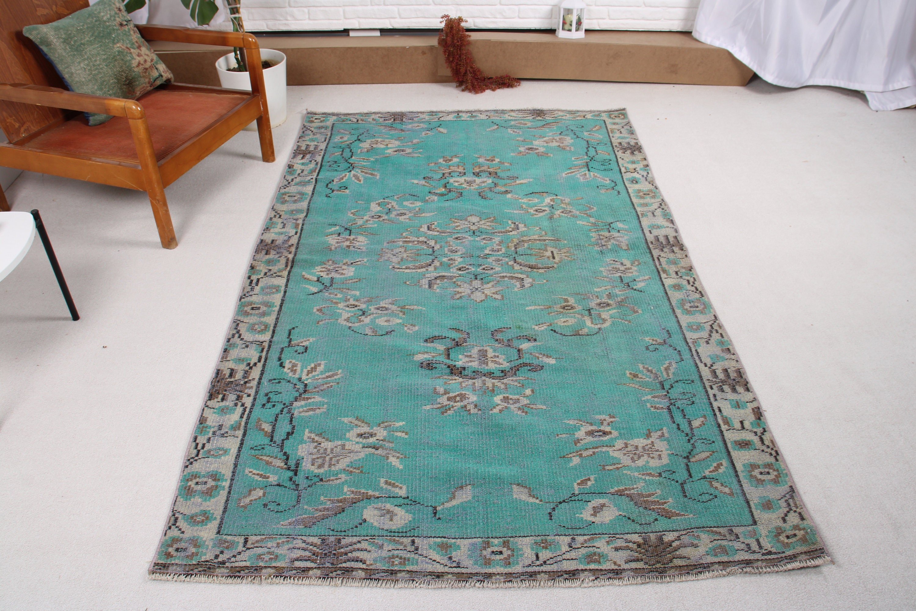 4.4x7.3 ft Alan Halısı, Ev Dekorasyonu Halısı, Mutfak Halısı, Vintage Halı, Türk Halısı, İç Mekan Halıları, Etnik Halılar, Yeşil Modern Halı, Oushak Alan Halıları