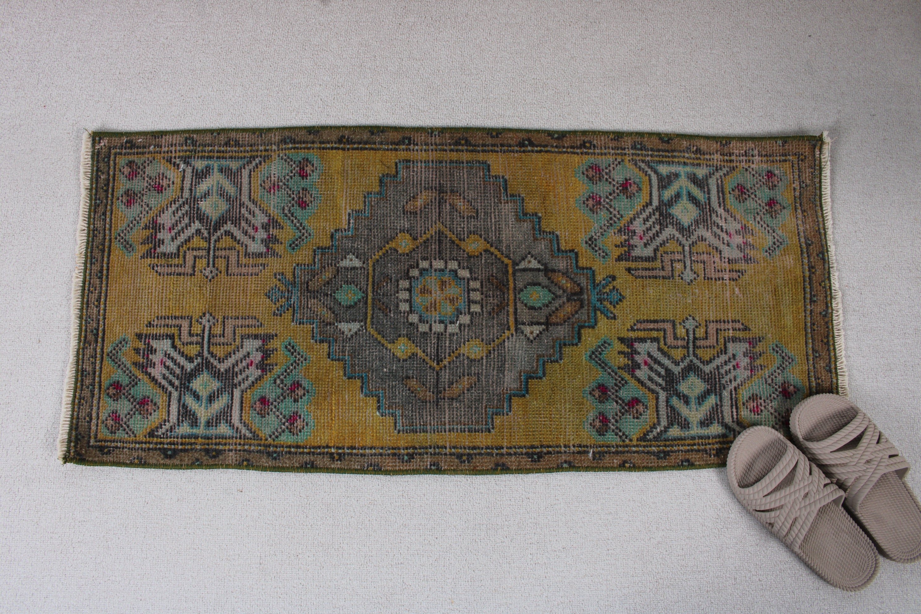 Ev Dekor Halıları, 1.4x3.2 ft Küçük Halı, Sarı Geometrik Halı, Giriş Halısı, Kapı Paspas Halıları, Dış Mekan Halısı, Vintage Halı, Türk Halısı