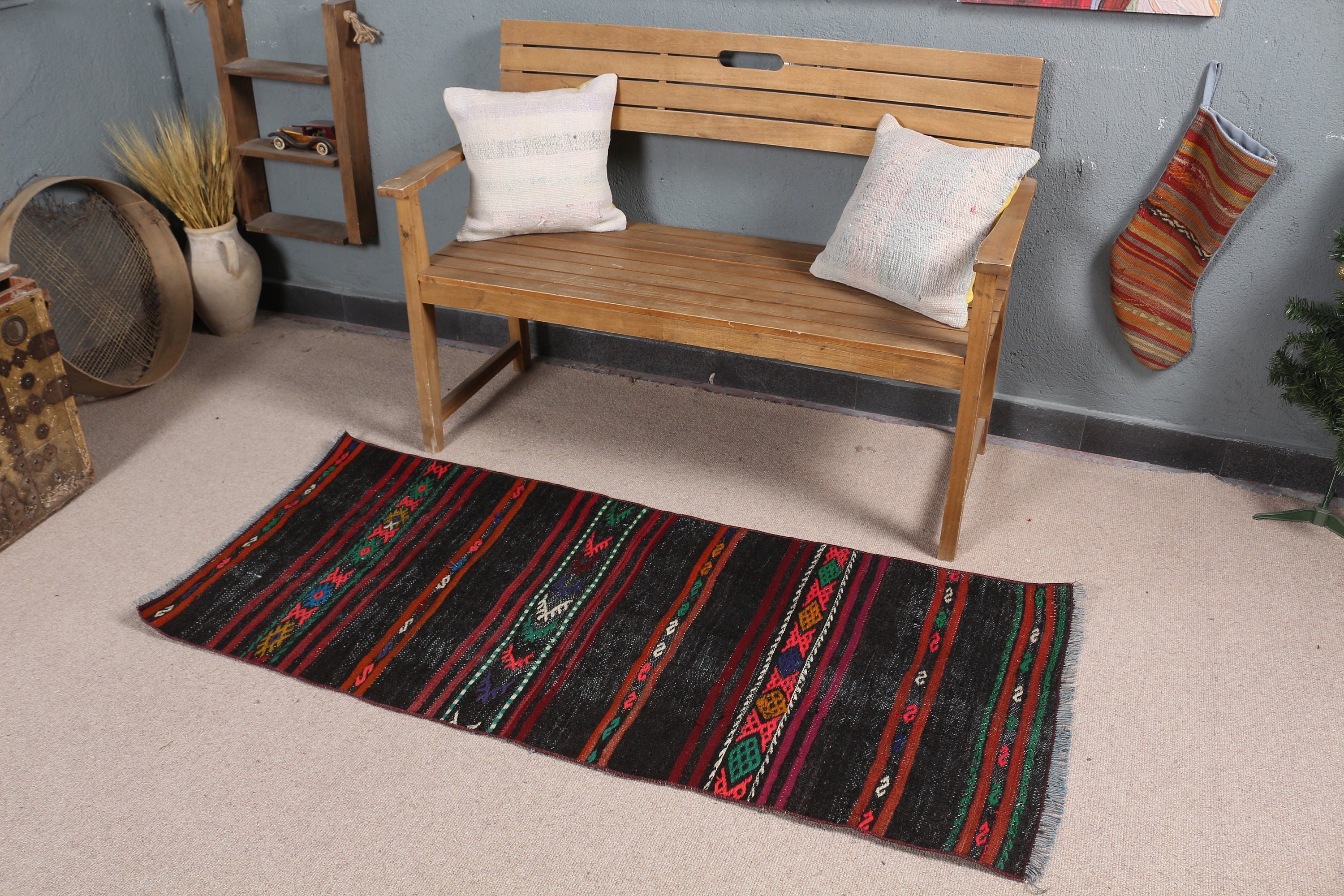 Araba Paspası Halıları, Vintage Halı, Mutfak Halısı, 2.3x5.4 ft Küçük Halı, Siyah Antika Halı, Kilim, Çocuk Halıları, Türk Halıları