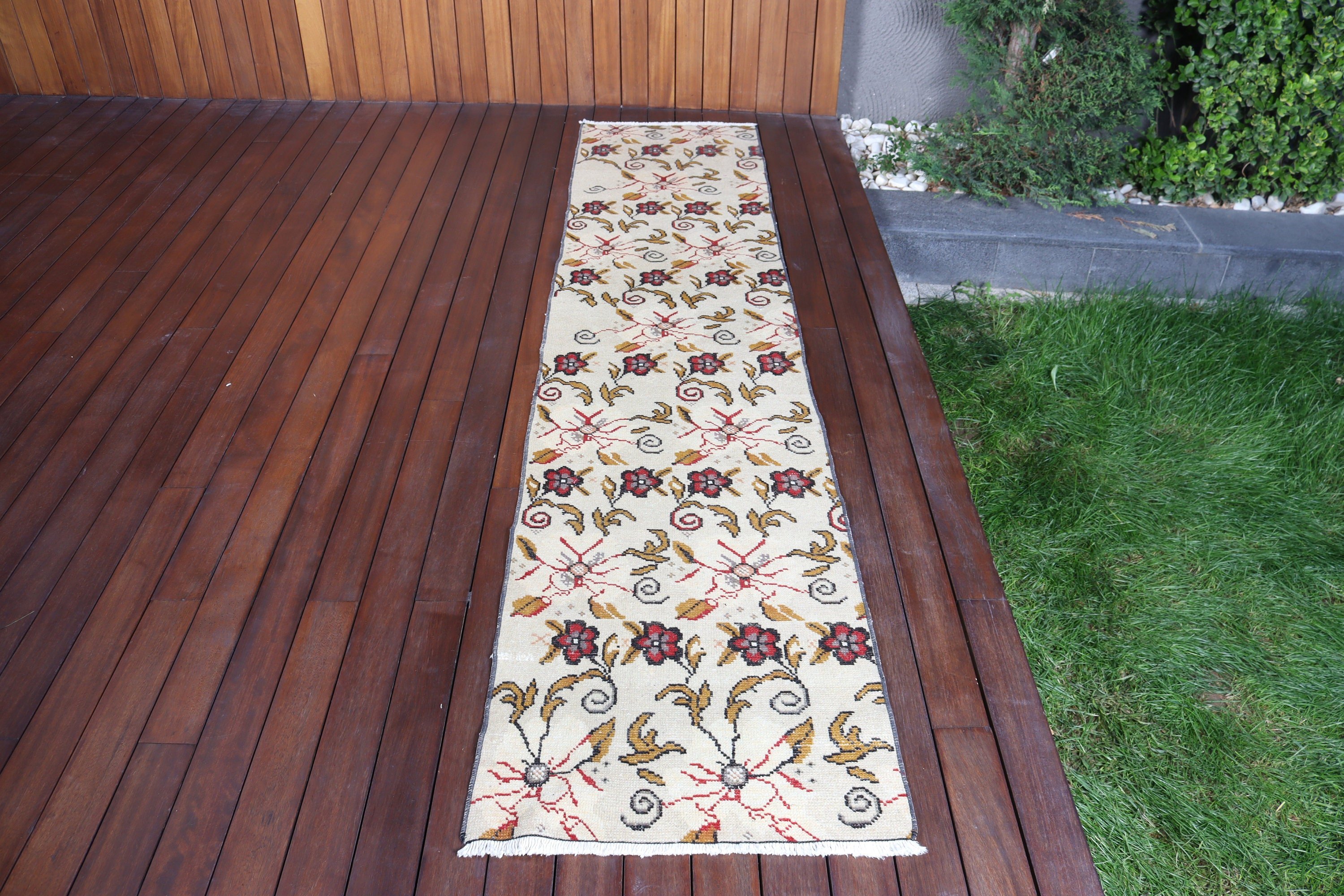 Türk Halıları, Boho Halısı, 2x8.9 ft Yolluk Halısı, Koşucu Halıları, Uzun Yolluk Halısı, Vintage Halılar, Bej Oushak Halısı, Mutfak Halısı, El Dokuma Halıları