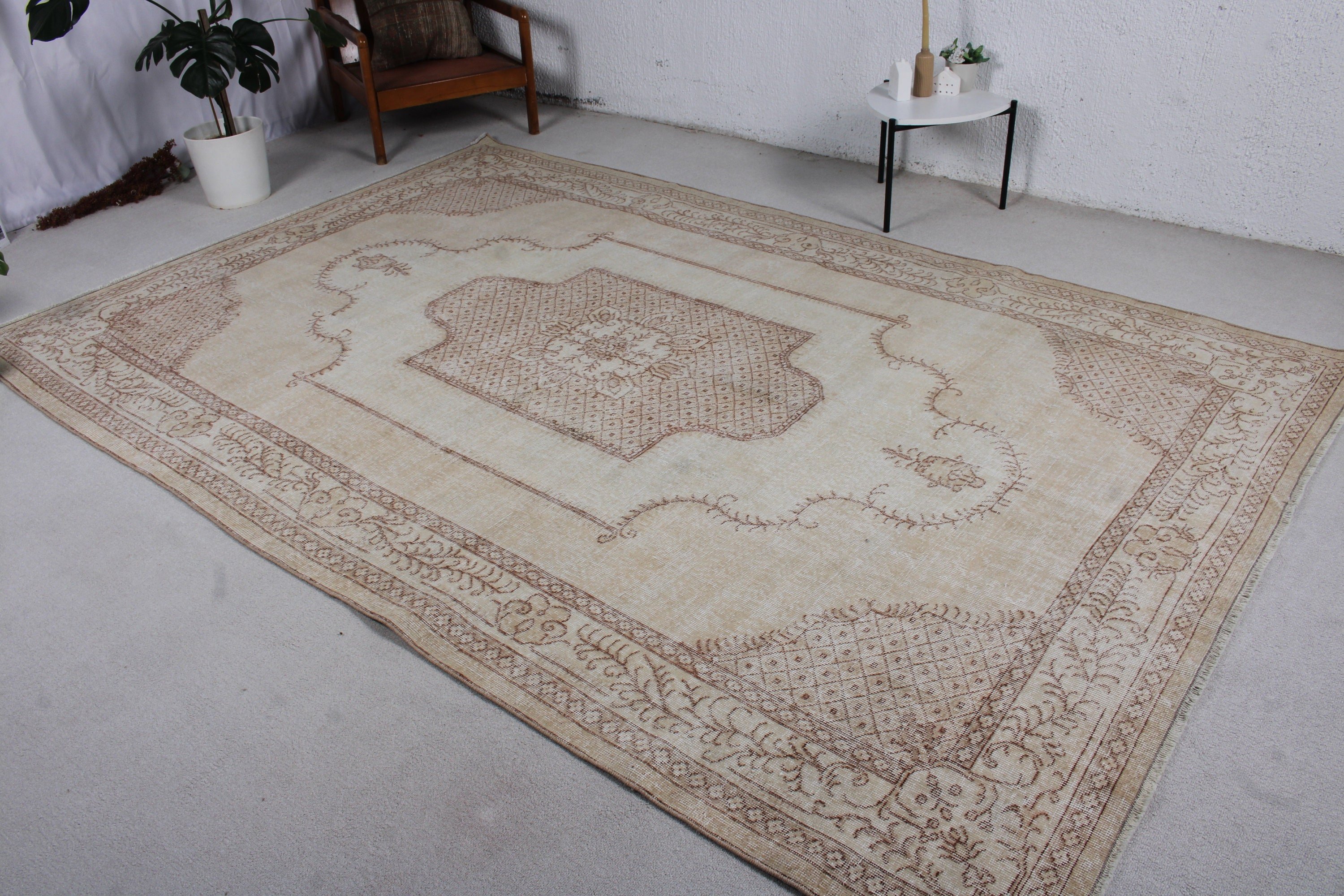 Beige Floor Rug, Turkish Rugs, Statement Rugs, Saloon Rug, Home Decor Rug, Vintage Rug, 6.8x10.3 ft Oversize Rugs, Dining Room Rugs