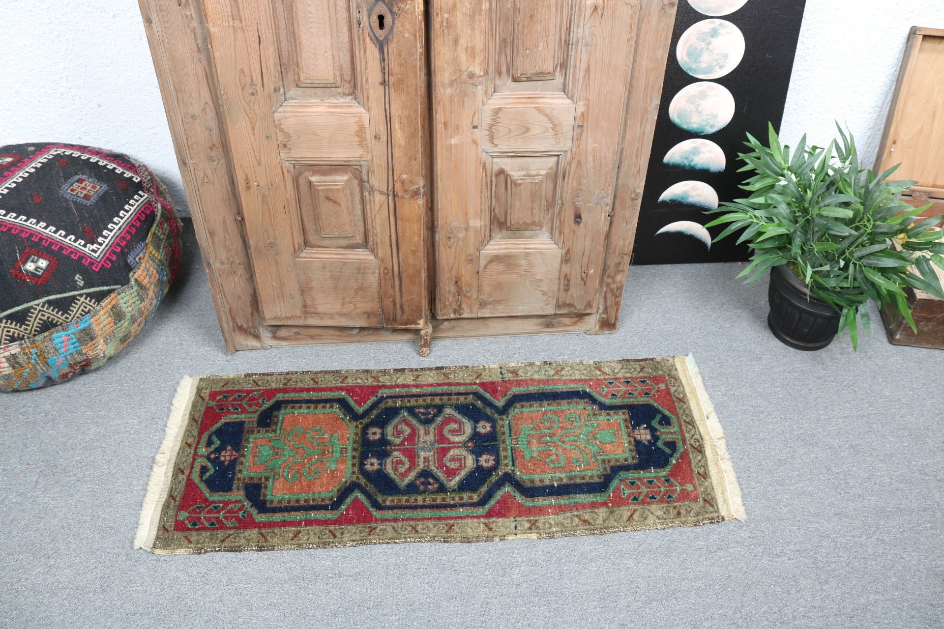 Rugs for Entry, Turkish Rug, 1.4x3.5 ft Small Rug, Vintage Rugs, Neutral Rugs, Green Moroccan Rugs, Floor Rugs, Nursery Rugs, Car Mat Rug