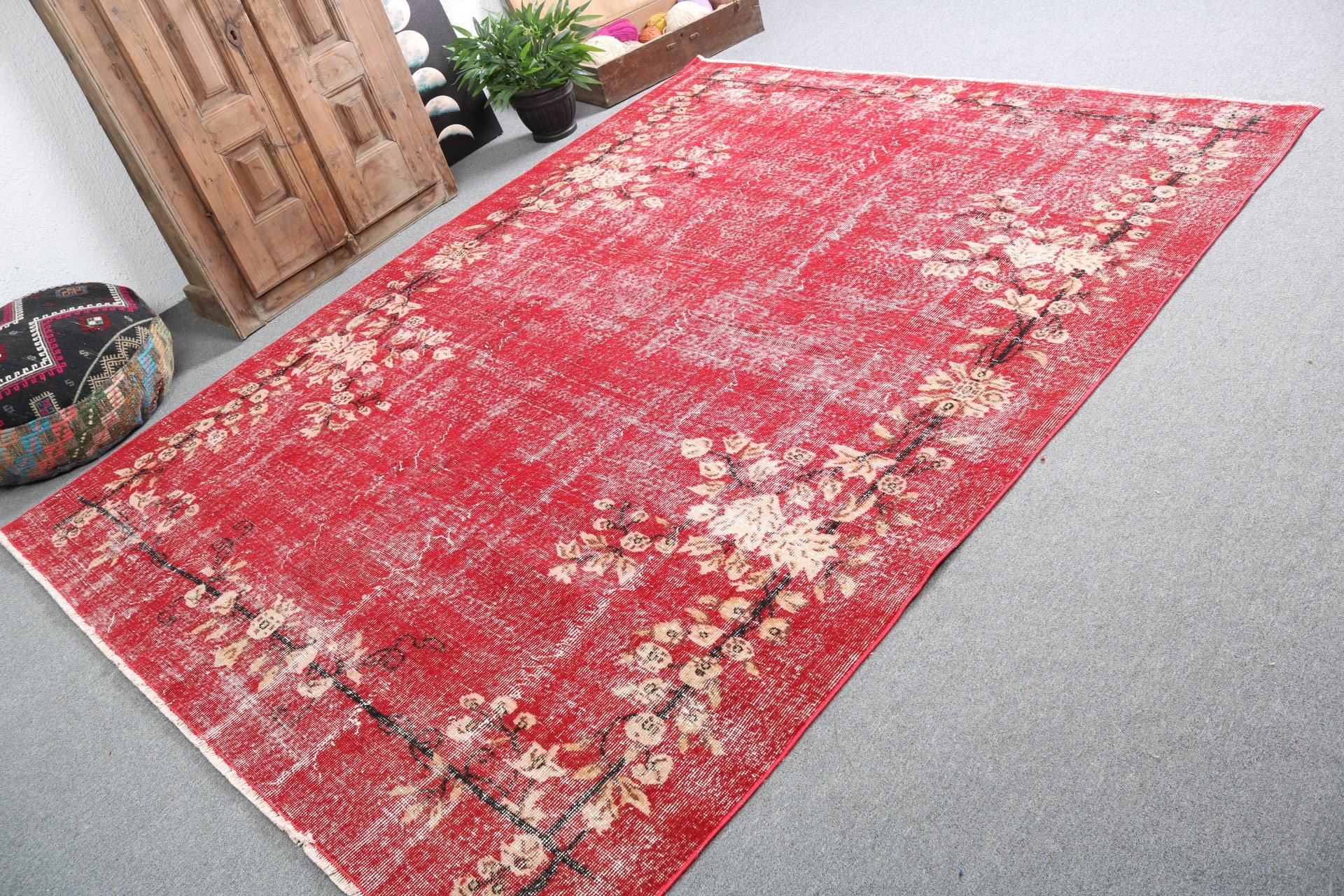 Oushak Rug, Salon Rug, Red Home Decor Rugs, Handwoven Rugs, Modern Rug, Vintage Rug, Large Vintage Rug, Turkish Rug, 6.8x8.9 ft Large Rug