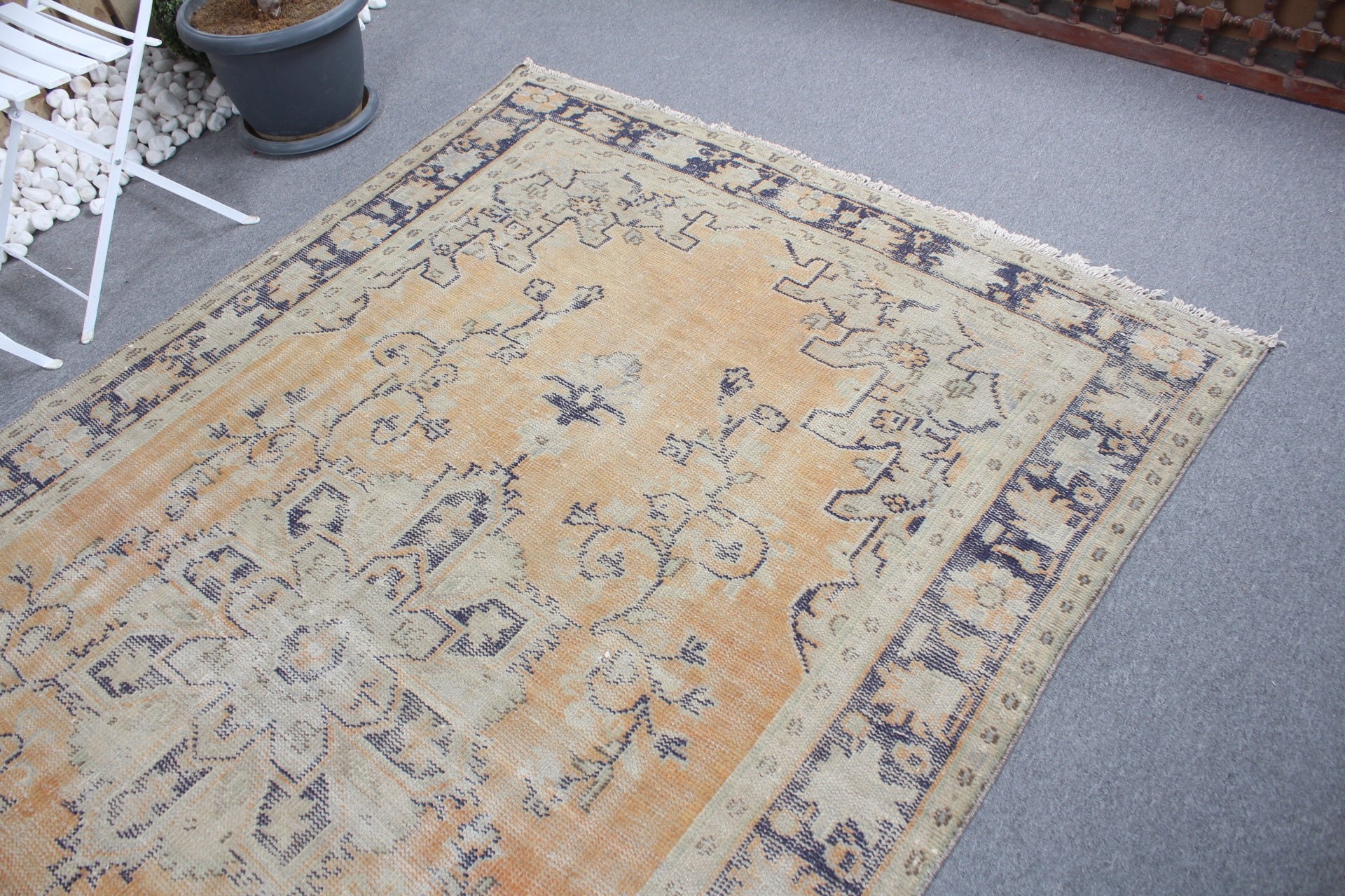 Vintage Halılar, Yün Halı, 5,5x8,8 ft Büyük Halı, Turuncu Yün Halılar, Yemek Odası Halıları, Oushak Halı, Yatak Odası Halıları, Türk Halıları, Salon Halısı