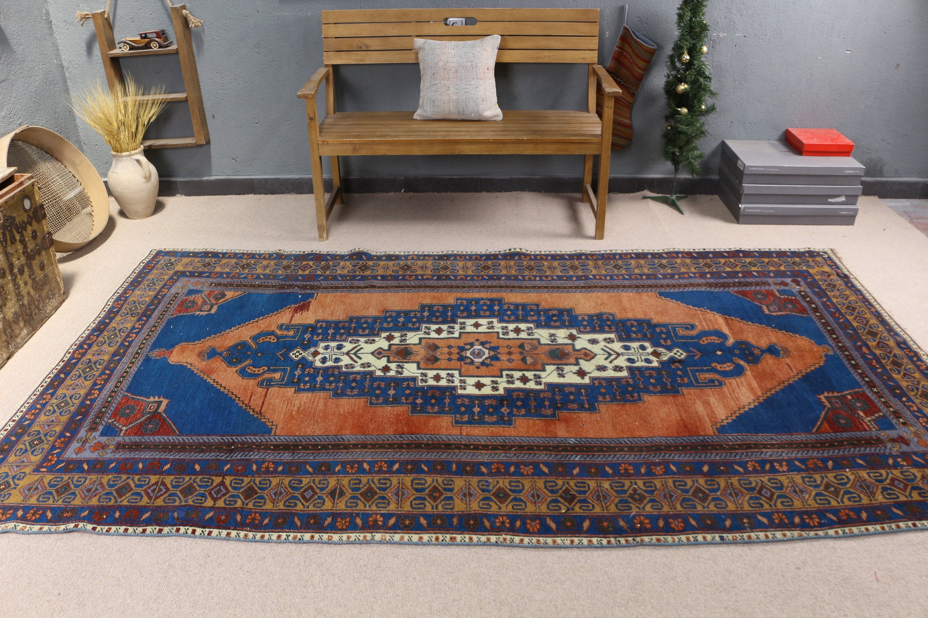 Türk Halısı, Oushak Halısı, Yer Halısı, Mavi Oryantal Halılar, Büyük Oushak Halısı, Büyük Boho Halıları, Yatak Odası Halıları, Vintage Halılar, 5,3x9,6 ft Büyük Halı