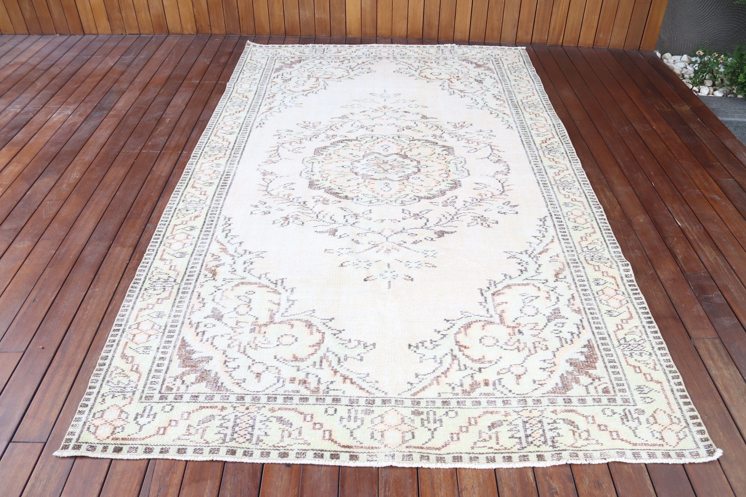 Salon Halısı, Türk Halıları, Beyaz Geometrik Halılar, 5.2x8.9 ft Büyük Halılar, Ev Dekor Halısı, Vintage Halılar, Büyük Oushak Halısı