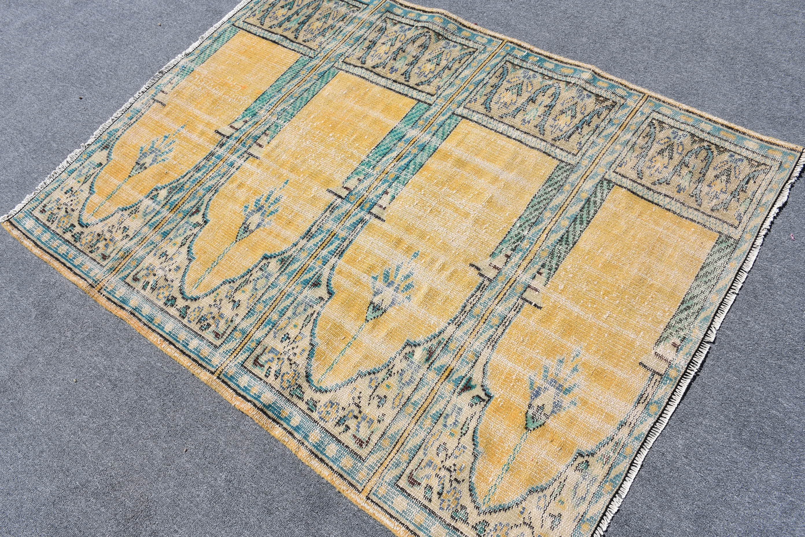 Entry Rug, Turkish Rug, Home Decor Rug, Vintage Rug, Wool Rug, 4x5.2 ft Accent Rugs, Yellow Floor Rug, Bedroom Rugs, Rugs for Entry