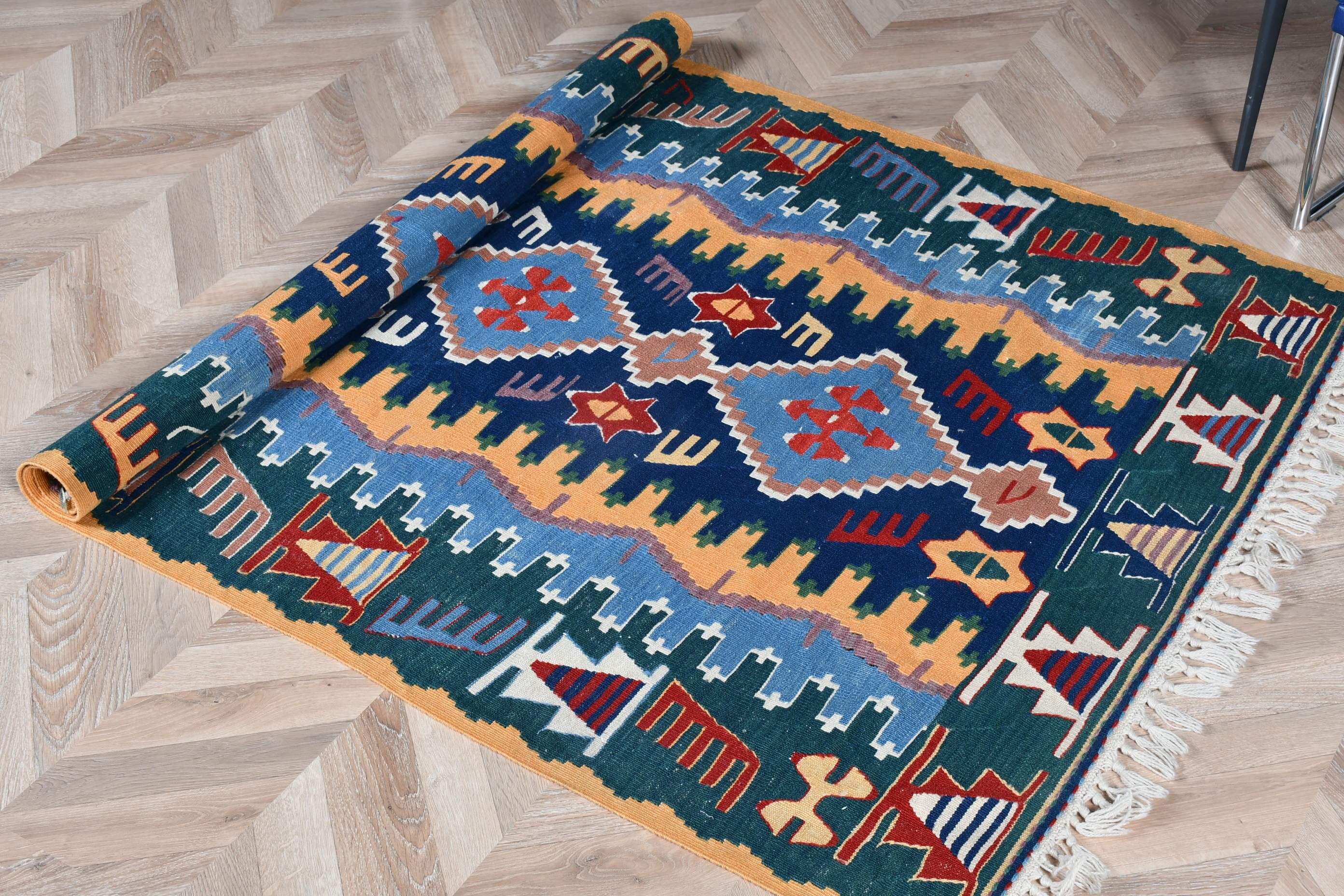 Türk Halısı, Vintage Halı, 3,7x5,5 ft Aksan Halısı, Kilim, Yeşil Oushak Halısı, Mutfak Halıları, Soluk Halı, Giriş Halısı, Fas Halısı