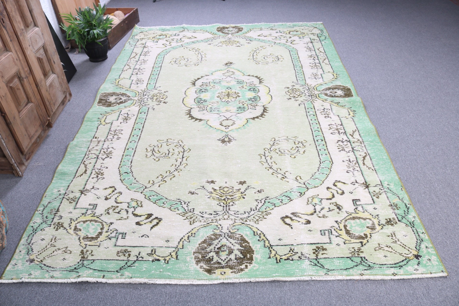 Geometrik Halı, Vintage Halılar, Büyük Oushak Halı, Yatak Odası Halıları, Yemek Odası Halısı, Türk Halısı, Yeşil 6x9.2 ft Büyük Halı