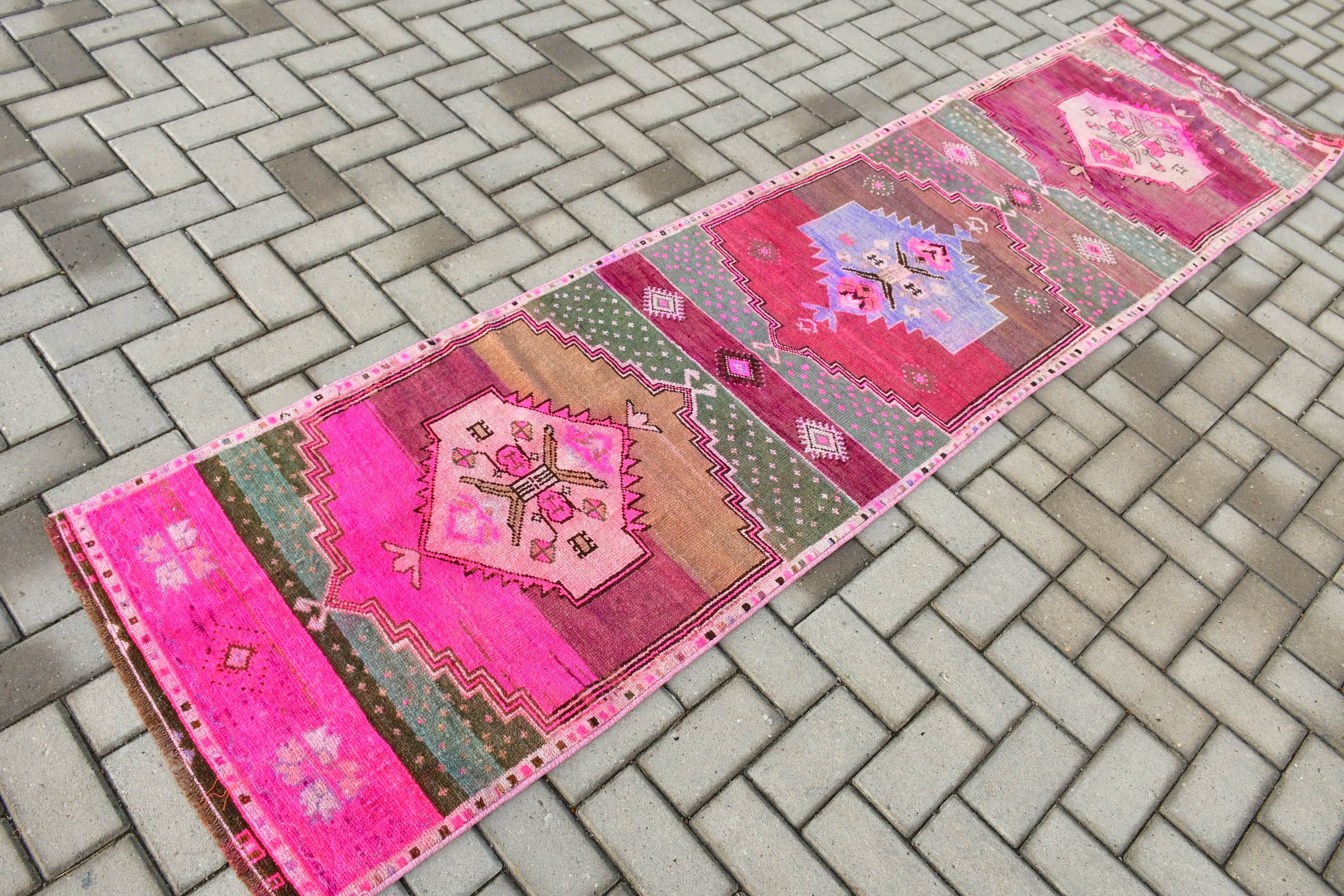 Corridor Rug, Pink Anatolian Rug, Kitchen Rug, Rugs for Runner, Turkish Rug, Floor Rug, Wool Rugs, Vintage Rug, 2.3x9.6 ft Runner Rugs
