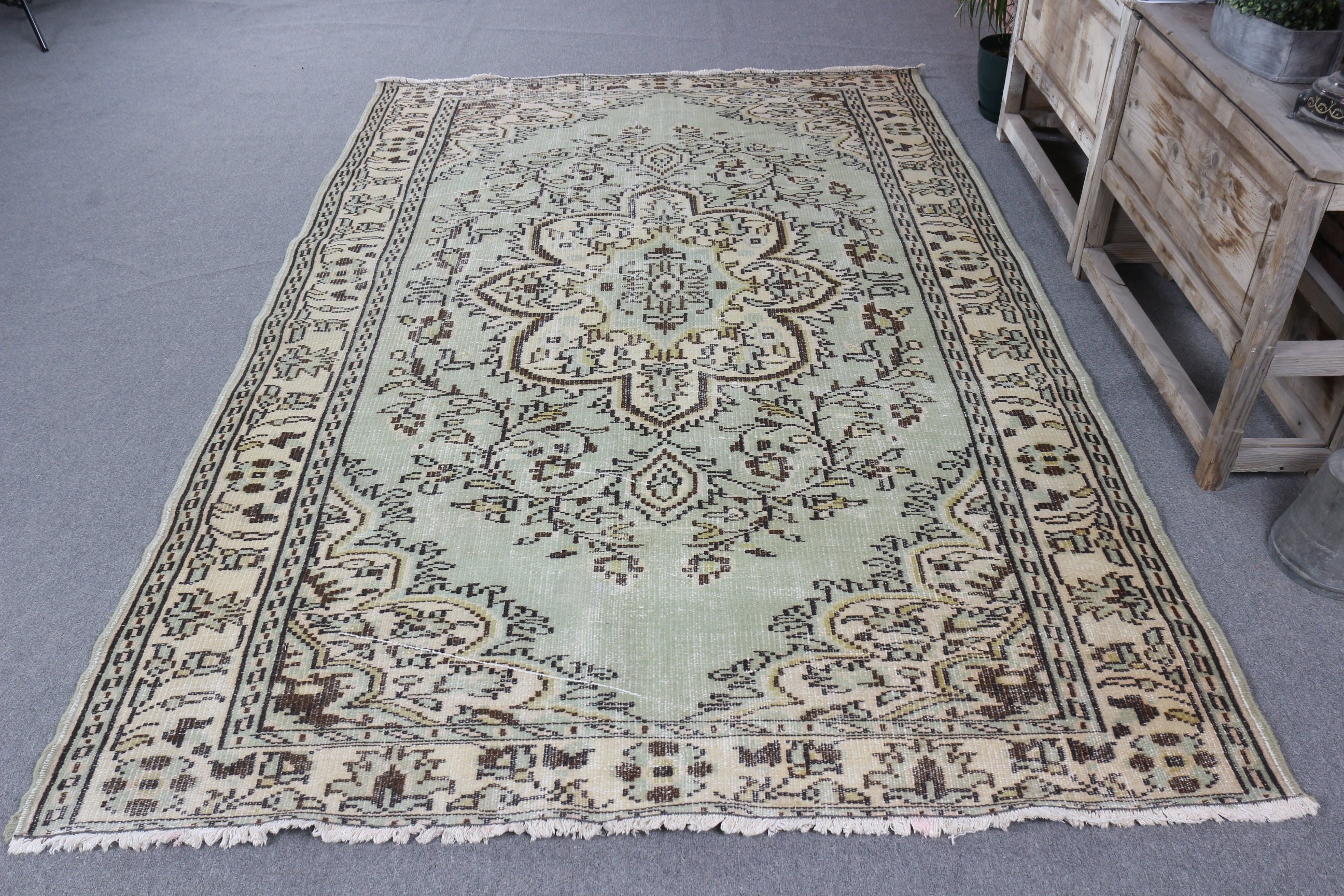 Türk Halıları, Oushak Halıları, Yatak Odası Halısı, 5.8x9 ft Büyük Halılar, El Dokuma Halıları, Oturma Odası Halısı, Yeşil Düz Dokuma Halı, Yün Halı, Vintage Halı